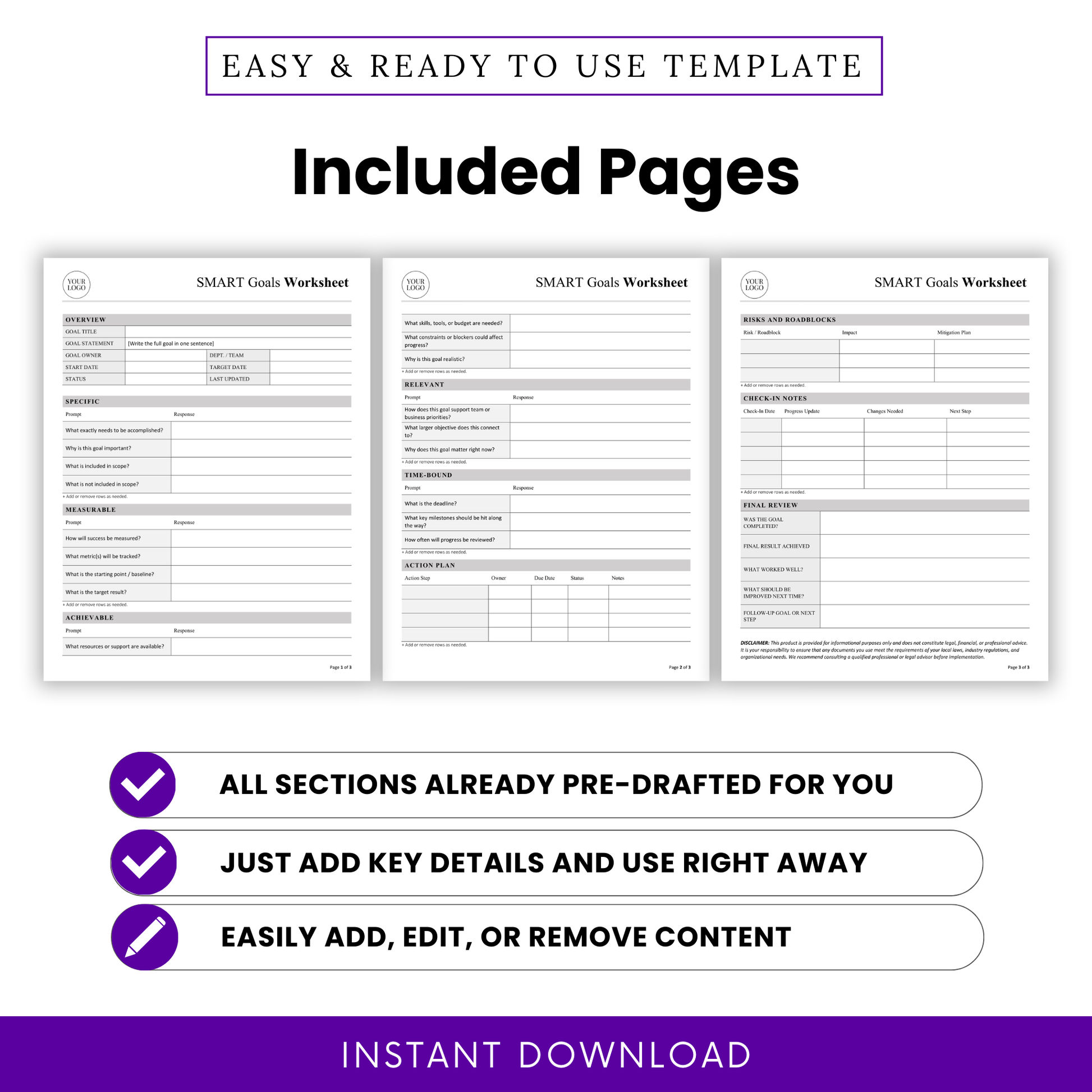 SMART goals worksheet multi-page template preview showing three pages including overview, measurable goals, action plan, risks and roadblocks, check-in notes, and final review sections