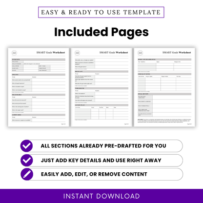 SMART goals worksheet multi-page template preview showing three pages including overview, measurable goals, action plan, risks and roadblocks, check-in notes, and final review sections