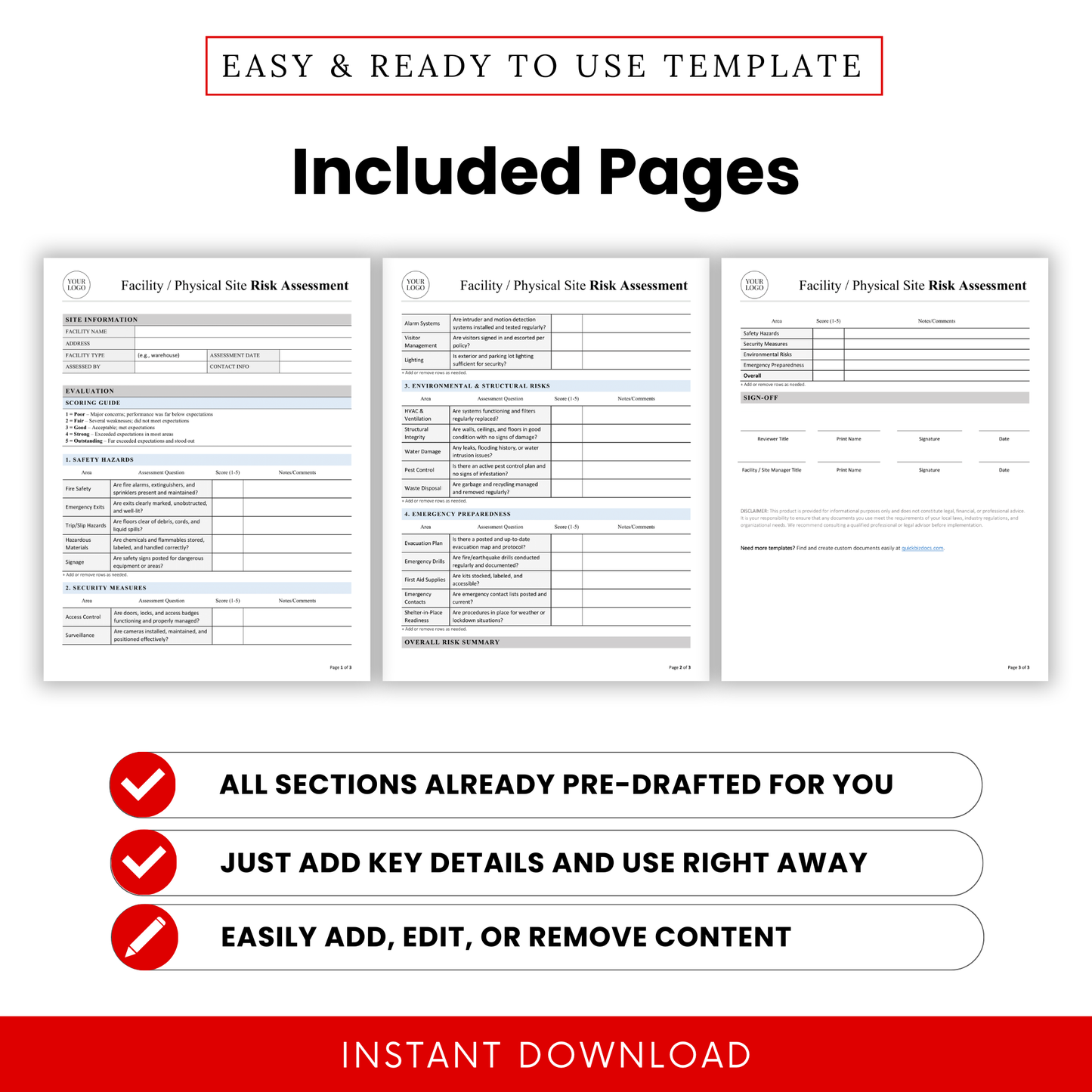 Preview of the full multi-page facility risk assessment template including safety hazards, security measures, environmental risks, emergency preparedness, and final sign-off sections in a clean, professional layout.