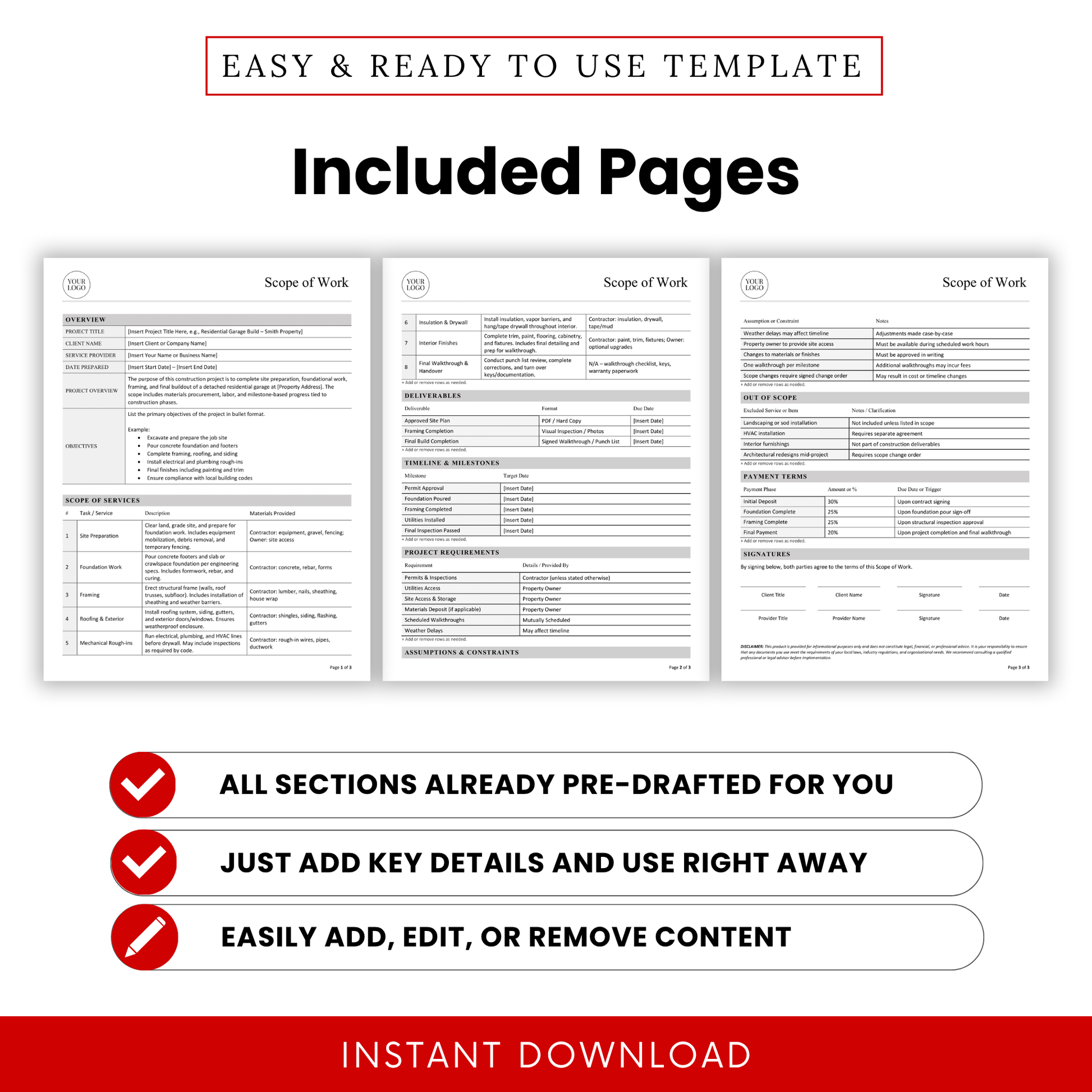 Construction Scope of Work Template preview displaying multiple pages with structured tables, timelines, and deliverables. This printable Scope of Work Template PDF is designed for contractors and teams who need an organized, easy-to-edit business document for managing project scope and requirements.