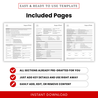 Construction Scope of Work Template preview displaying multiple pages with structured tables, timelines, and deliverables. This printable Scope of Work Template PDF is designed for contractors and teams who need an organized, easy-to-edit business document for managing project scope and requirements.