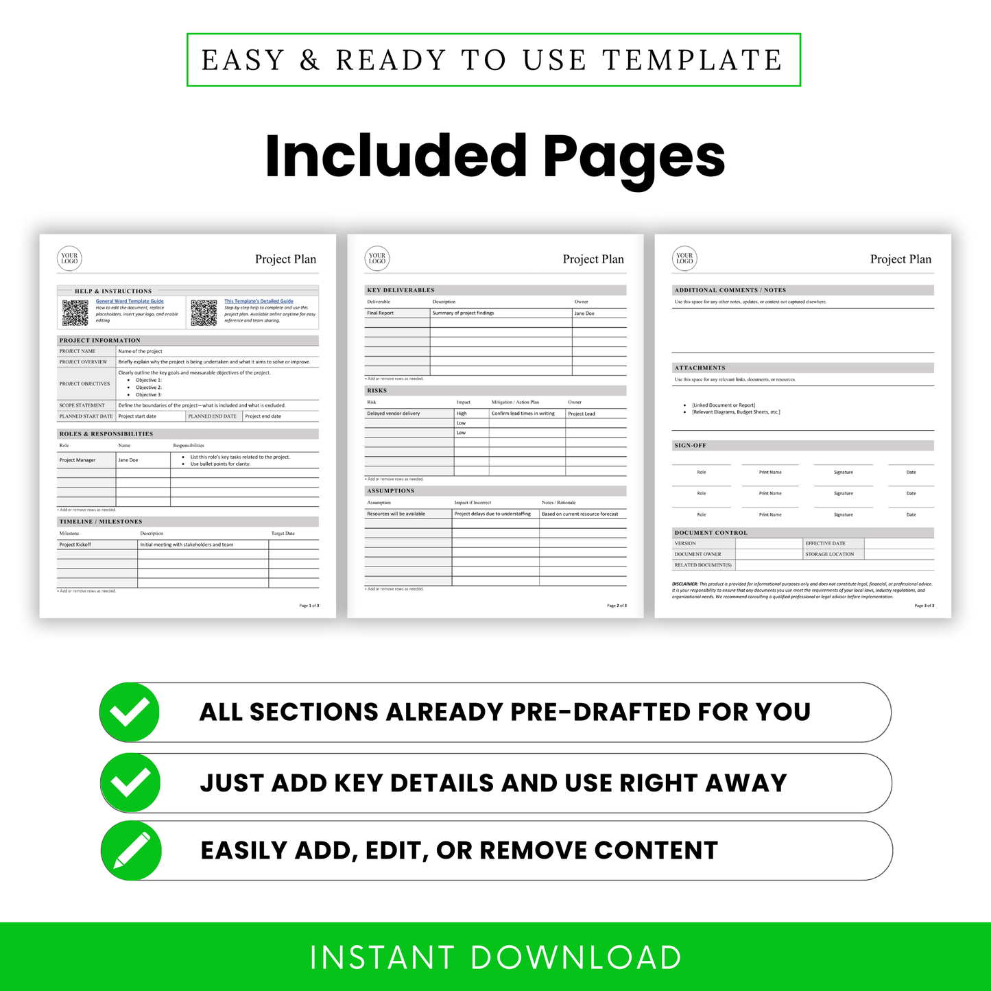 Project plan template pages preview including project information, deliverables tracker, risks and assumptions sheet, printable business planning document