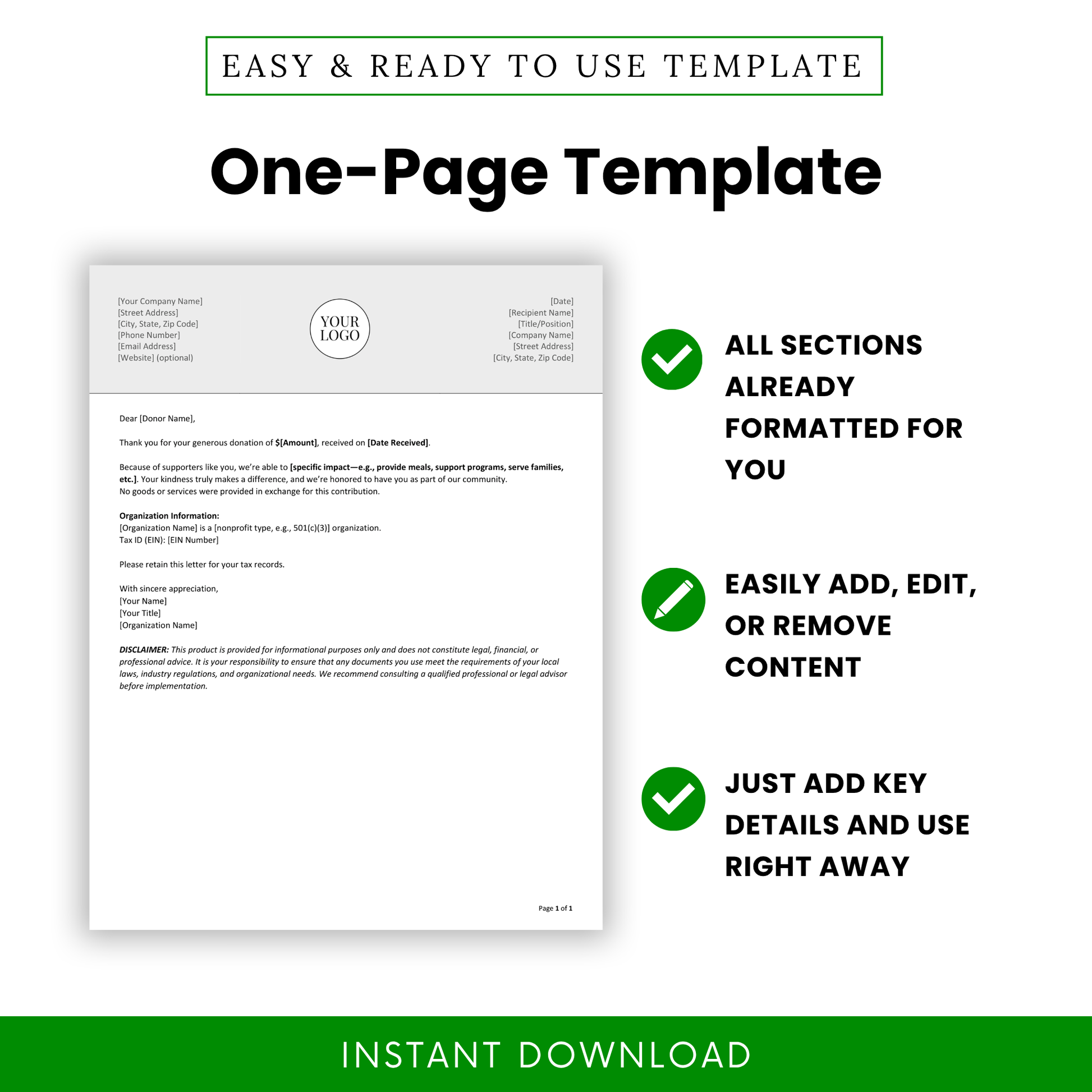 One-page Donation Acknowledgment Letter Template Word format displayed with pre-formatted sections for easy editing. This printable donation letter template is perfect for nonprofits, charities, and small organizations needing quick, professional donor communication.
