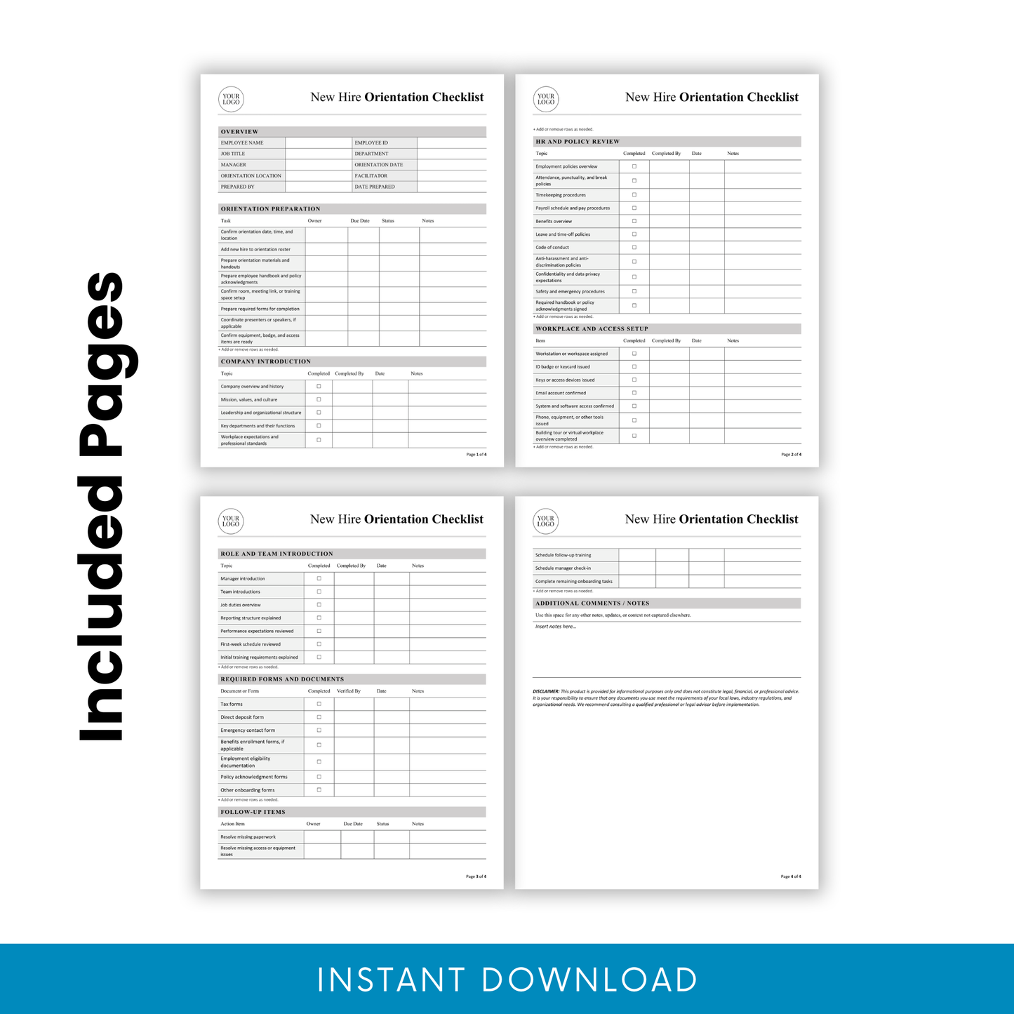 Multi-page preview of new hire orientation checklist template including onboarding preparation, HR policy review, workplace setup, team introduction, required forms, and follow-up sections