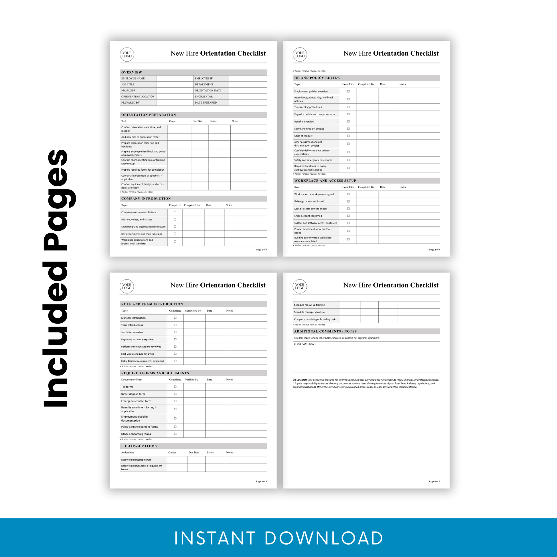 Multi-page preview of new hire orientation checklist template including onboarding preparation, HR policy review, workplace setup, team introduction, required forms, and follow-up sections