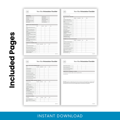 Multi-page preview of new hire orientation checklist template including onboarding preparation, HR policy review, workplace setup, team introduction, required forms, and follow-up sections
