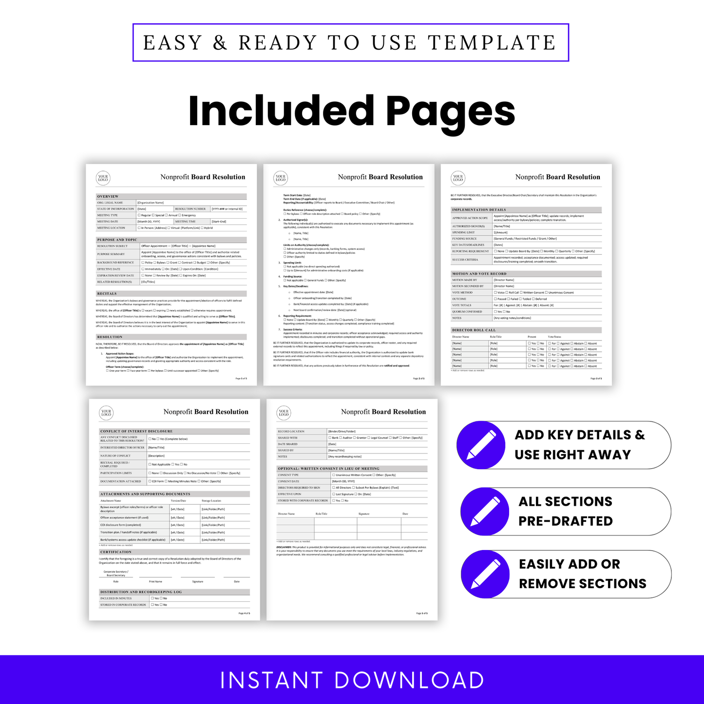 Multi-page nonprofit board resolution template preview with detailed sections, professional layout, editable fields, and structured pages for board decisions, voting records, and documentation