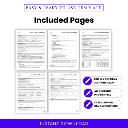 Multi-page nonprofit board resolution template preview with detailed sections, professional layout, editable fields, and structured pages for board decisions, voting records, and documentation