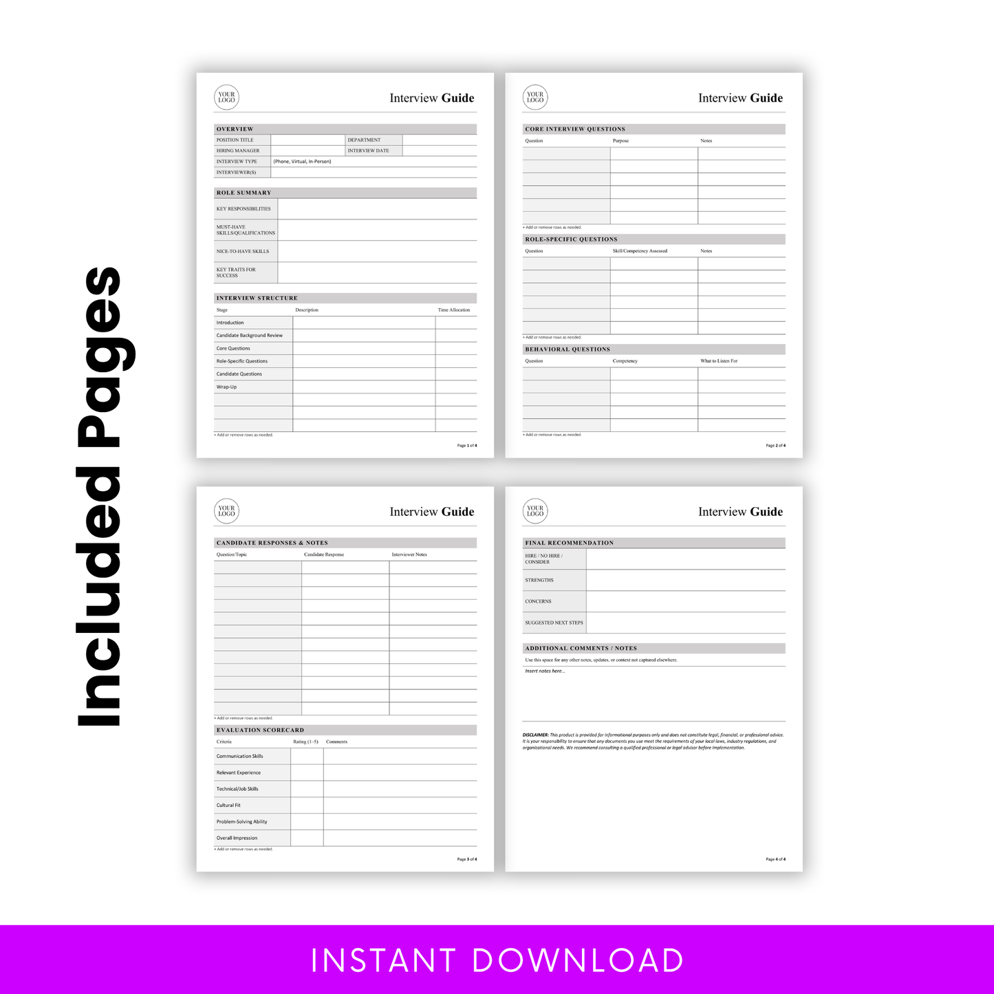 Interview guide template full page preview showing 4-page hiring document including interview questions, notes, evaluation scorecard, and final recommendation sections
