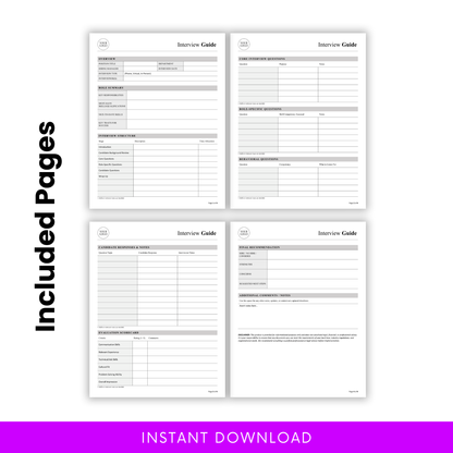 Interview guide template full page preview showing 4-page hiring document including interview questions, notes, evaluation scorecard, and final recommendation sections