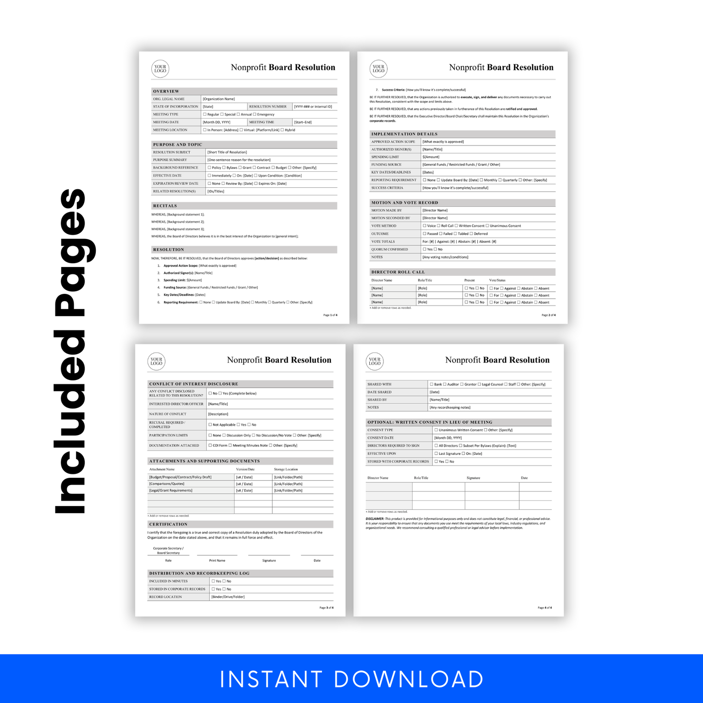 Nonprofit board resolution template full document preview with multiple pages including implementation details, vote records, director roll call, and certification sections