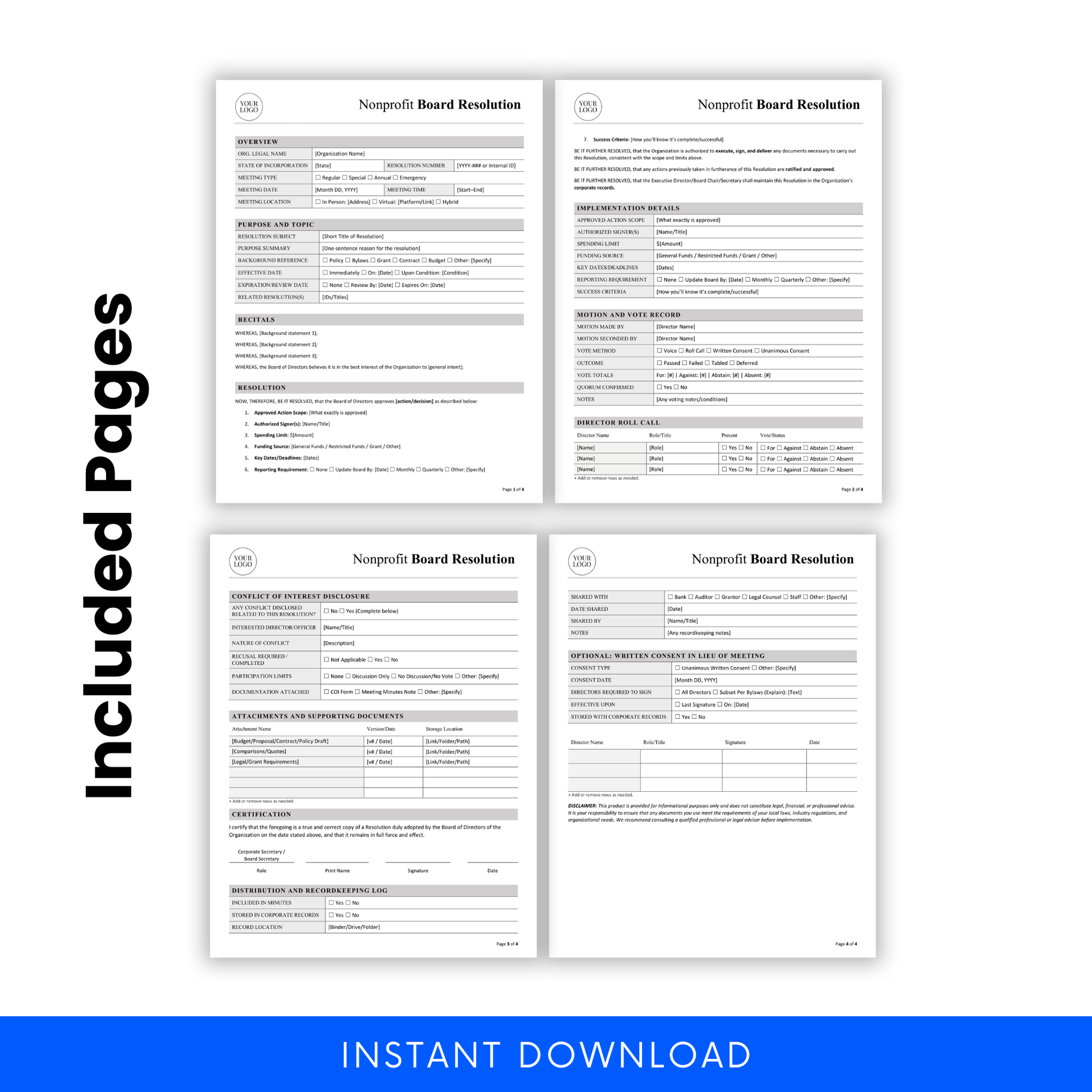 Nonprofit board resolution template full document preview with multiple pages including implementation details, vote records, director roll call, and certification sections