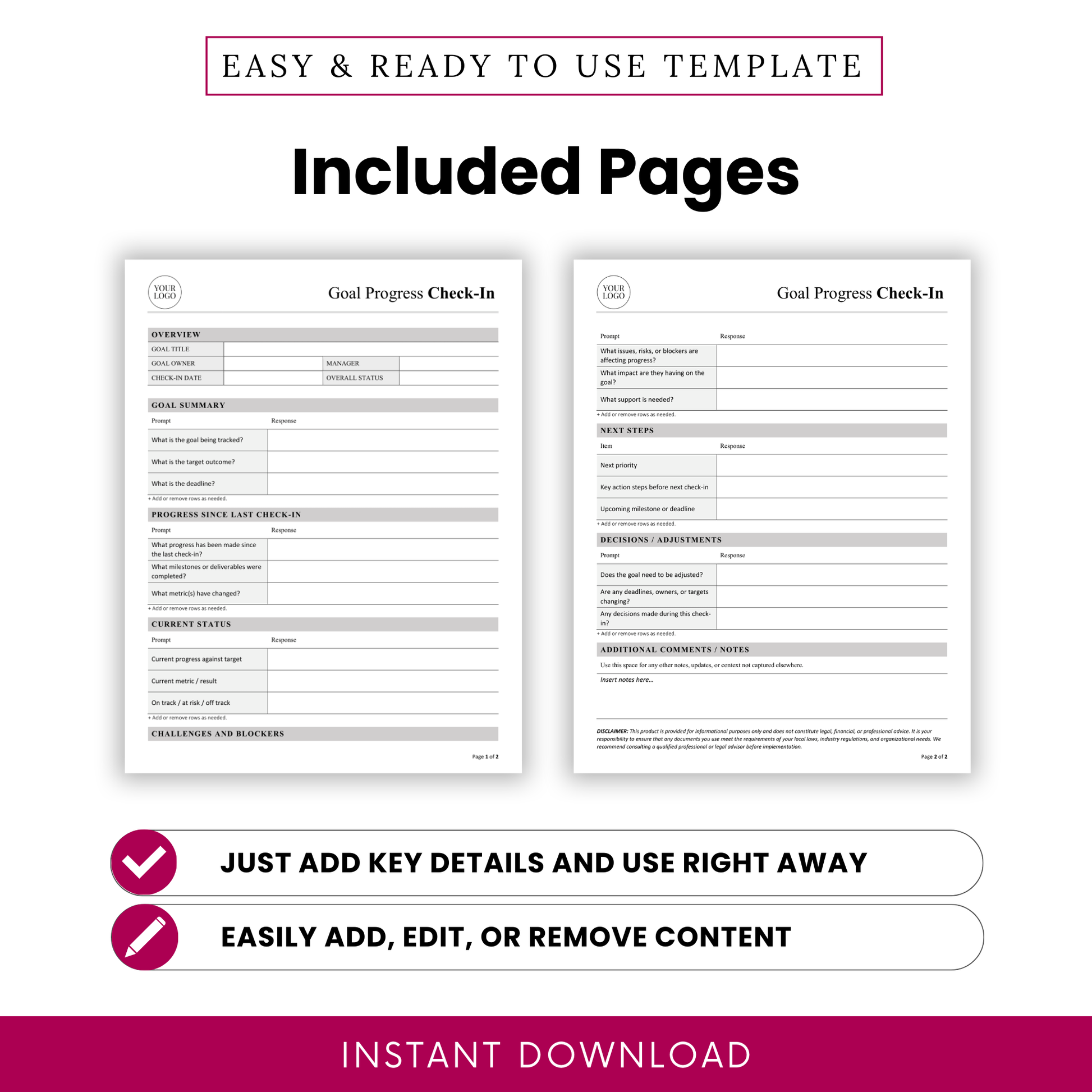 Two-page goal progress check-in template showing structured sections for tracking updates, milestones, metrics, status, risks, next steps, and notes in a clean printable layout
