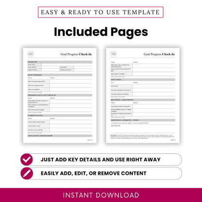 Two-page goal progress check-in template showing structured sections for tracking updates, milestones, metrics, status, risks, next steps, and notes in a clean printable layout