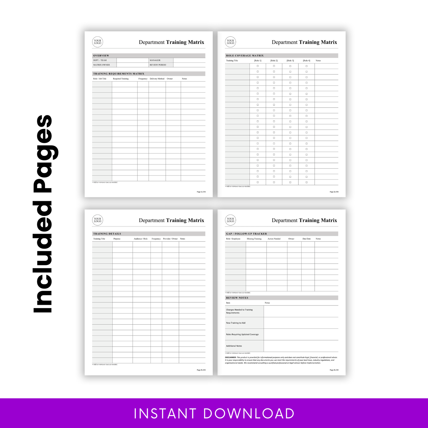 Department training matrix template with four included pages showing training requirements matrix, role coverage matrix, training details, and gap follow-up tracker for employee training management