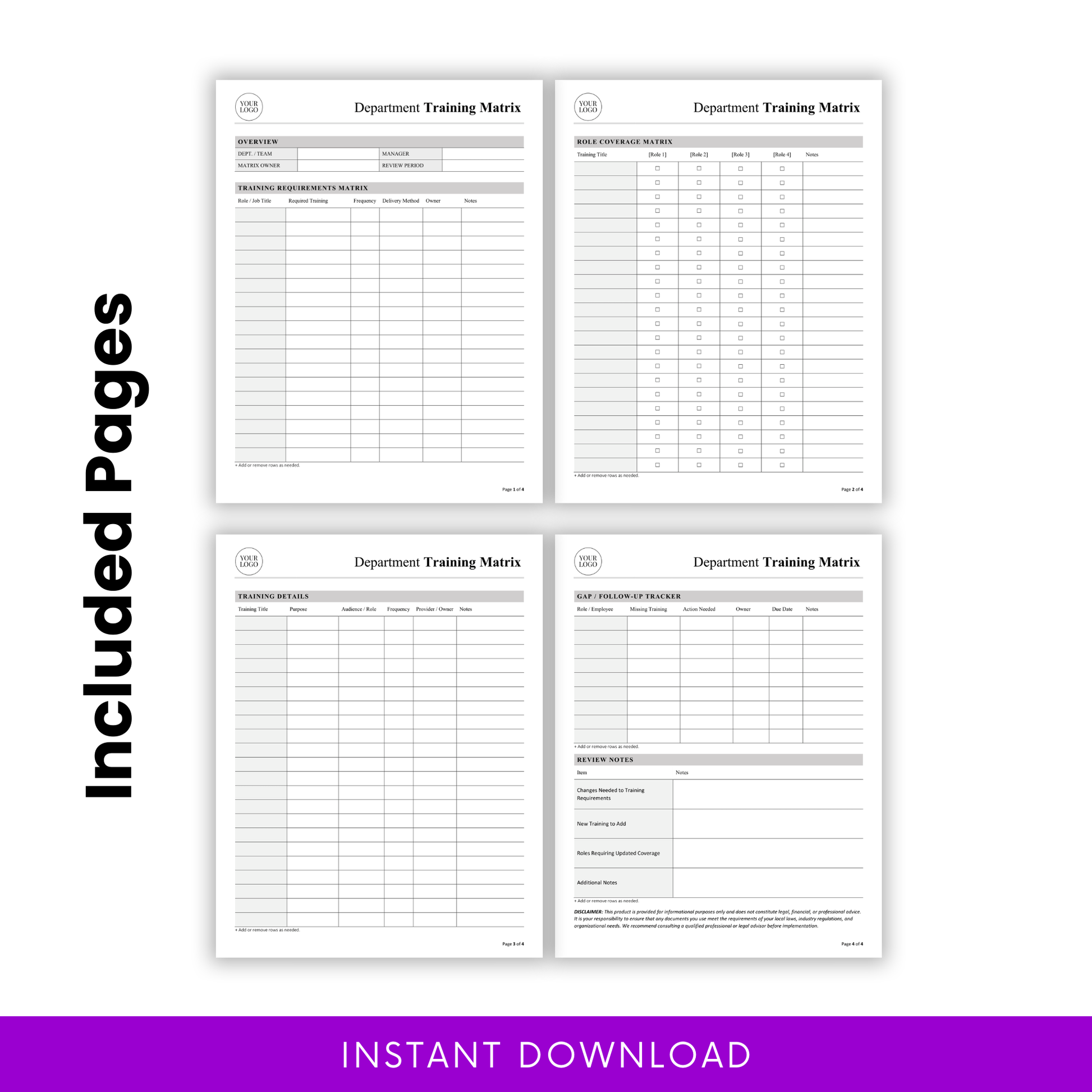 Department training matrix template with four included pages showing training requirements matrix, role coverage matrix, training details, and gap follow-up tracker for employee training management