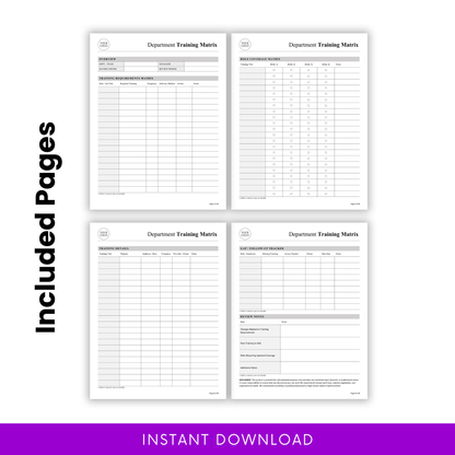 Department training matrix template with four included pages showing training requirements matrix, role coverage matrix, training details, and gap follow-up tracker for employee training management