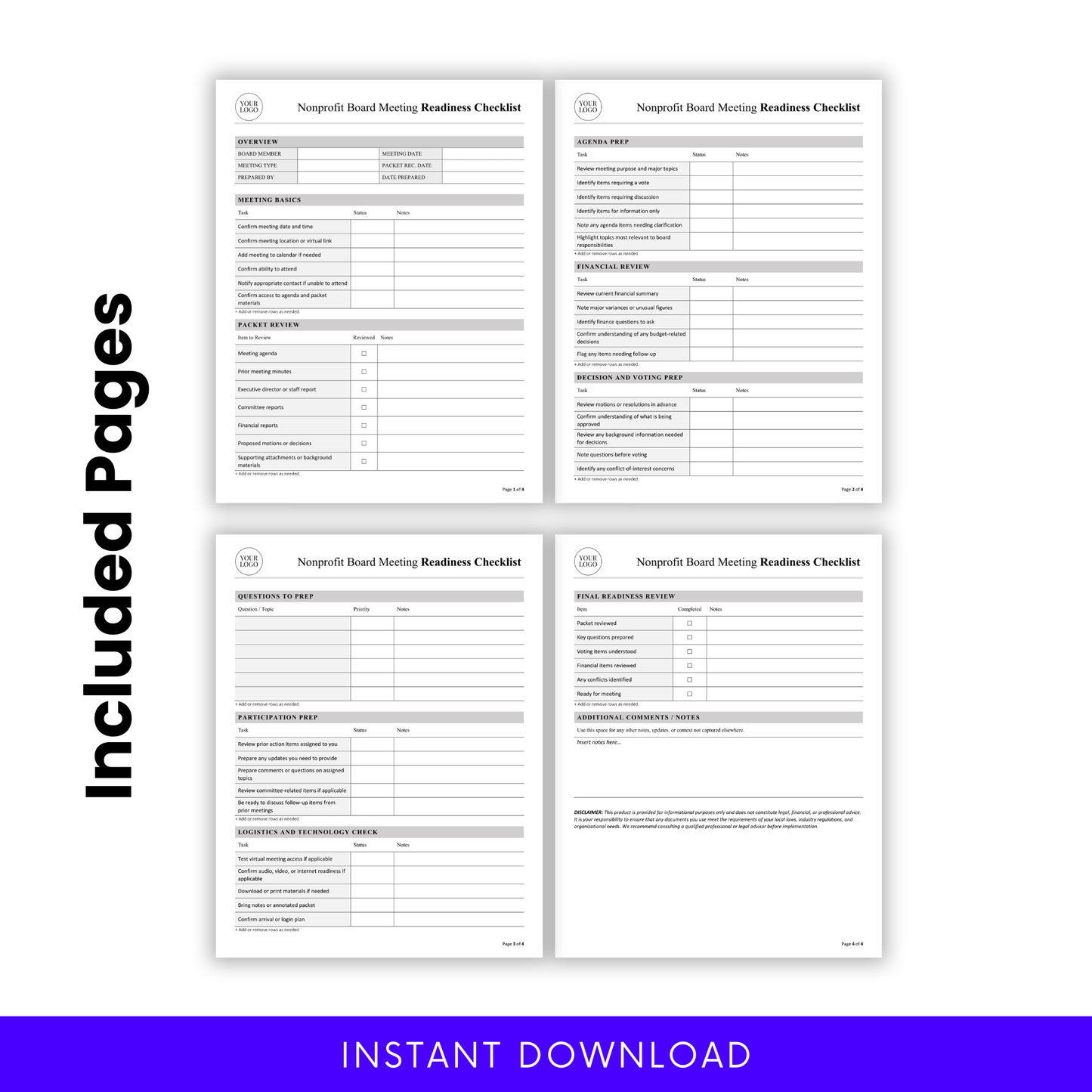 Four-page nonprofit board meeting readiness checklist template preview showing included pages for overview, meeting basics, packet review, agenda prep, financial review, voting prep, participation prep, logistics check, final readiness review, and notes sections