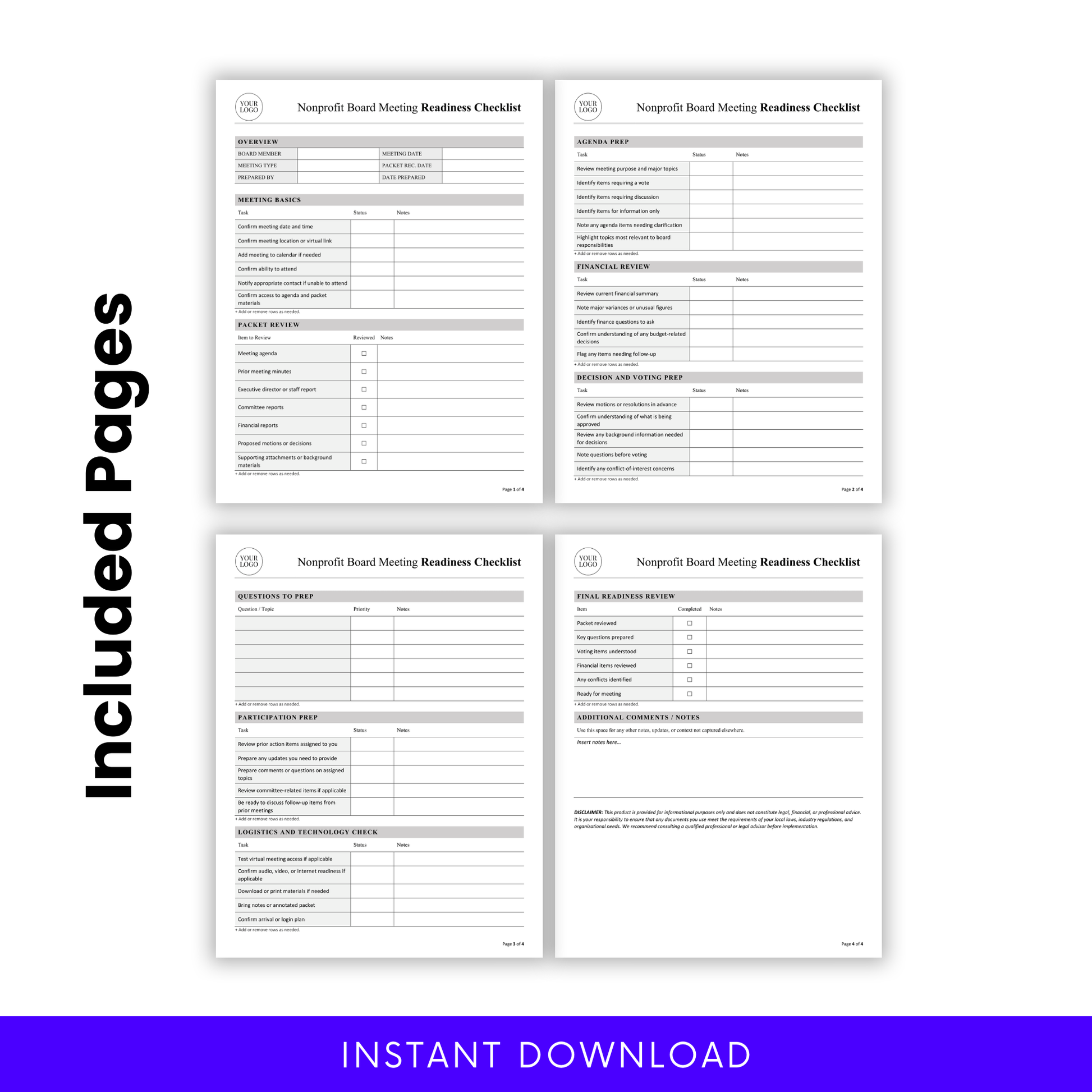 Four-page nonprofit board meeting readiness checklist template preview showing included pages for overview, meeting basics, packet review, agenda prep, financial review, voting prep, participation prep, logistics check, final readiness review, and notes sections