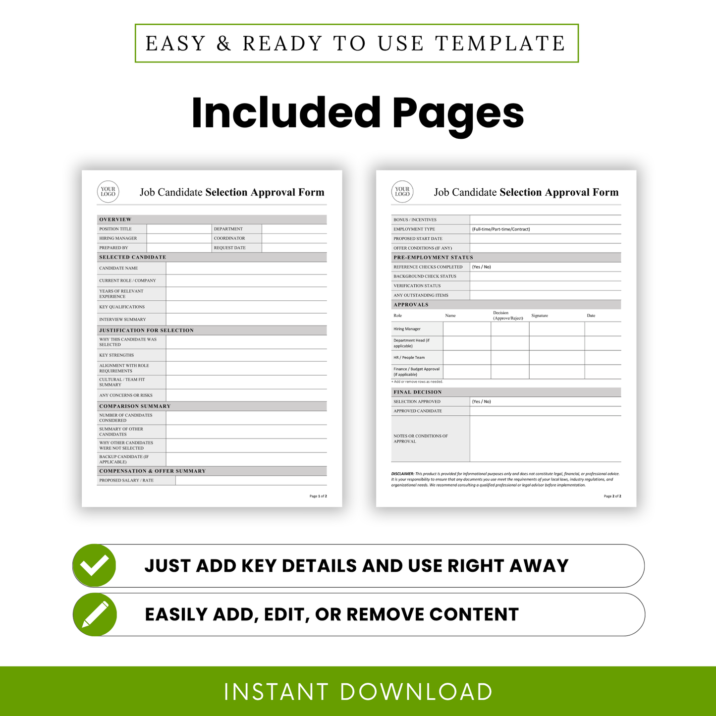 Preview of the Job Candidate Selection Approval Form Template Word and PDF showing two fully designed pages ready for use. This printable business template helps HR teams and small businesses quickly document candidate details, comparisons, and hiring approvals with ease.