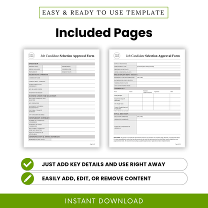 Preview of the Job Candidate Selection Approval Form Template Word and PDF showing two fully designed pages ready for use. This printable business template helps HR teams and small businesses quickly document candidate details, comparisons, and hiring approvals with ease.