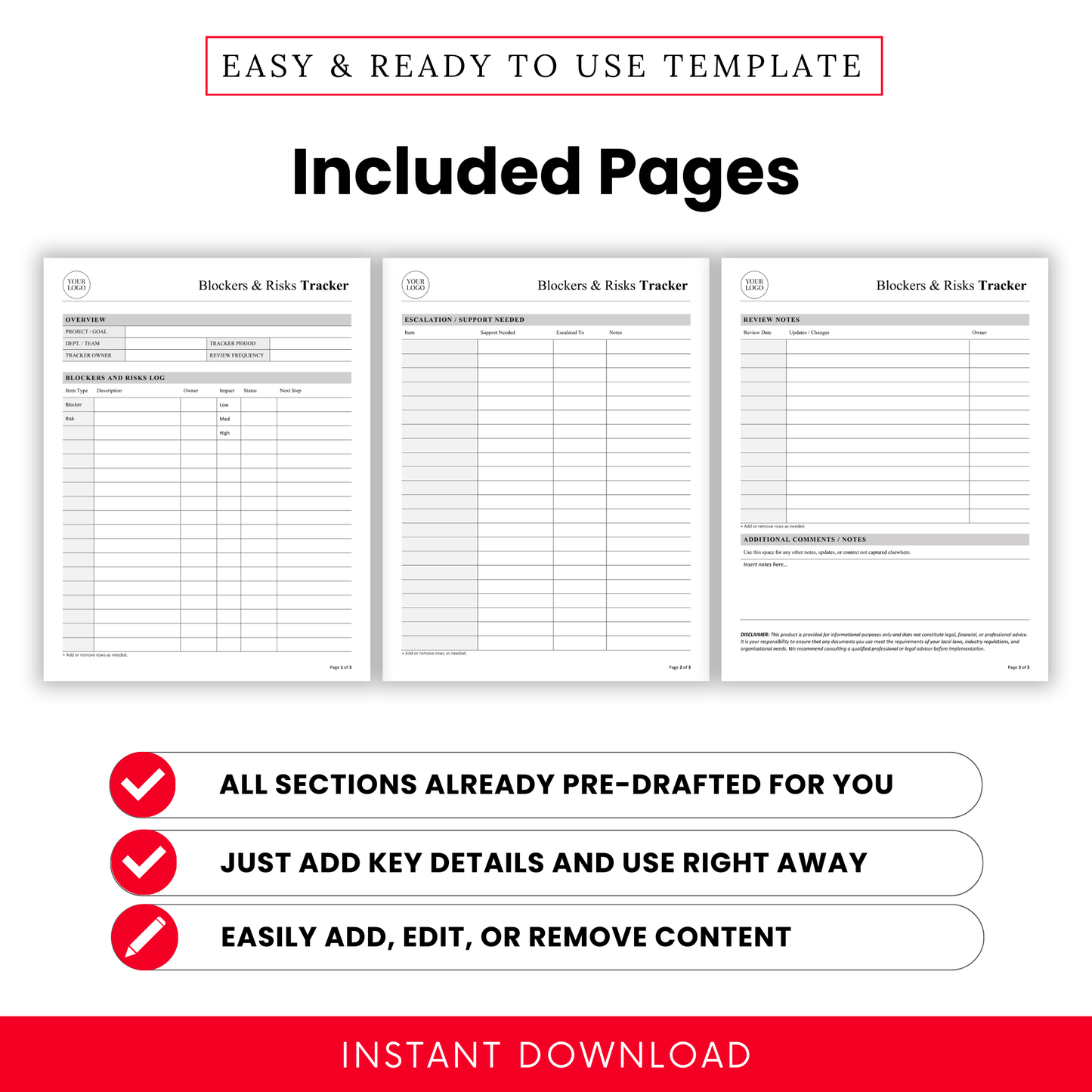 Blockers and risks tracker template pages including overview dashboard, risk log sheet, escalation support page, and review notes section in printable and editable format for team project tracking