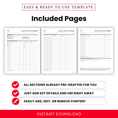 Blockers and risks tracker template pages including overview dashboard, risk log sheet, escalation support page, and review notes section in printable and editable format for team project tracking