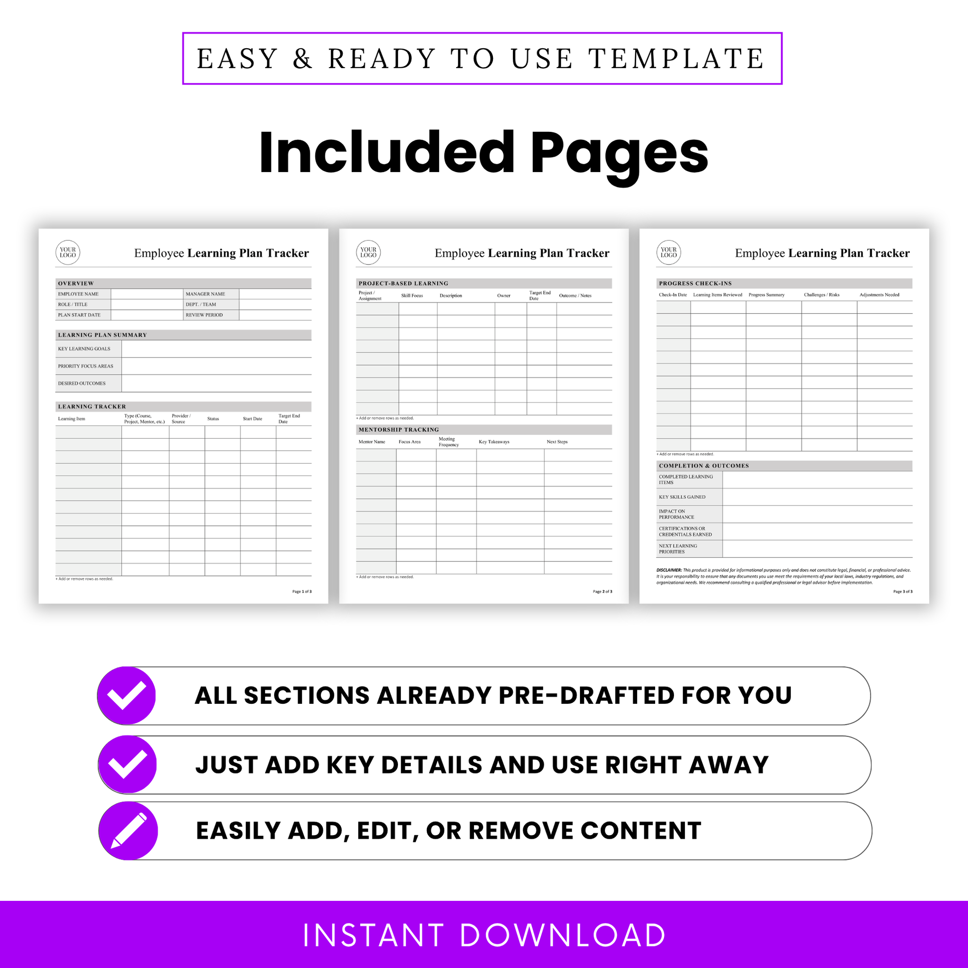 Preview of all pages included in the employee learning plan tracker template, showing overview, learning tracker, project-based learning, mentorship tracking, and progress check-in layouts