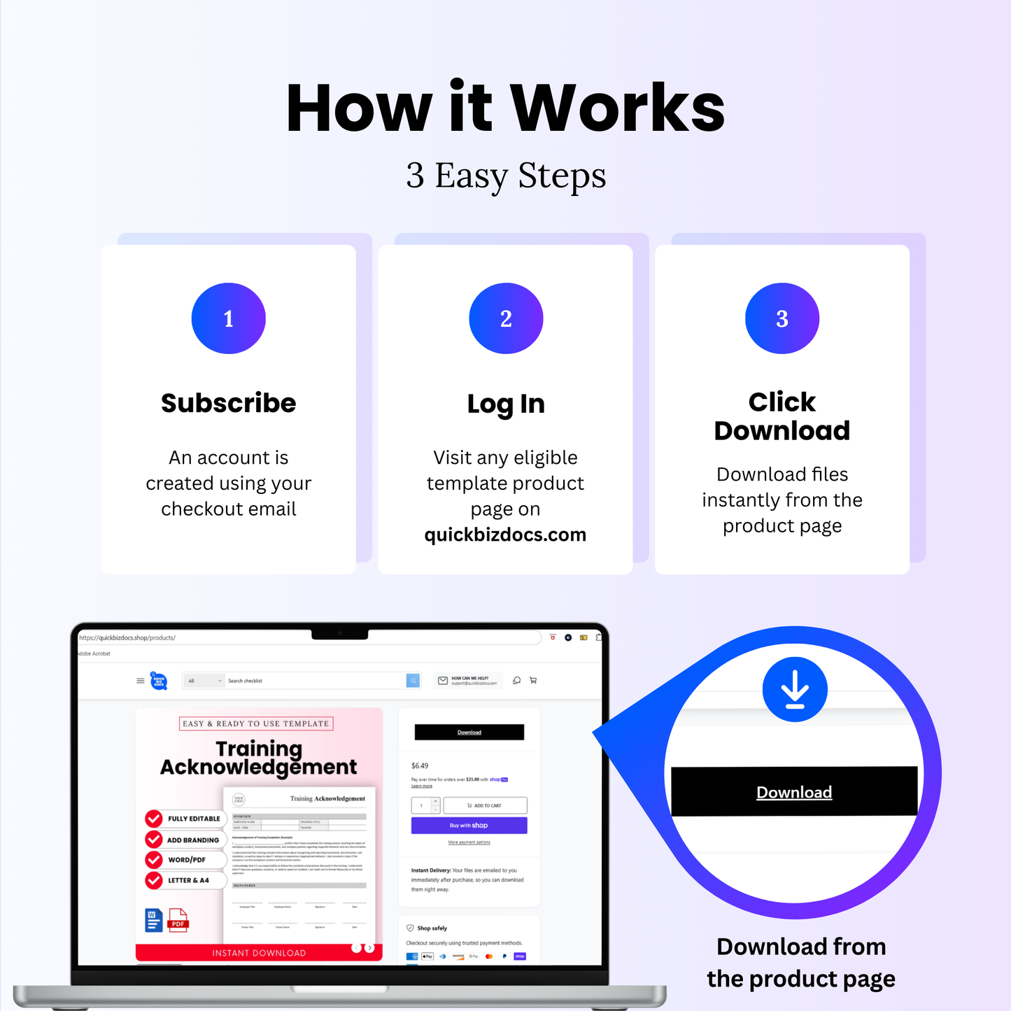 How QuickBizDocs membership works with 3 easy steps to subscribe, log in, and download business templates instantly from template product pages
