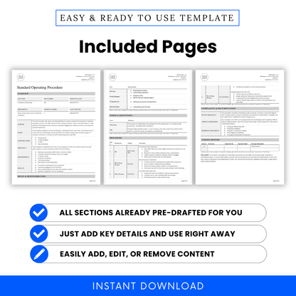 Preview showing three fully formatted pages of the Employee Onboarding SOP template with professional layout and pre-written content for easy customization.