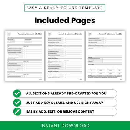 Accruals and adjustments checklist 3-page layout preview showing overview, accruals, depreciation and review sections, printable accounting template