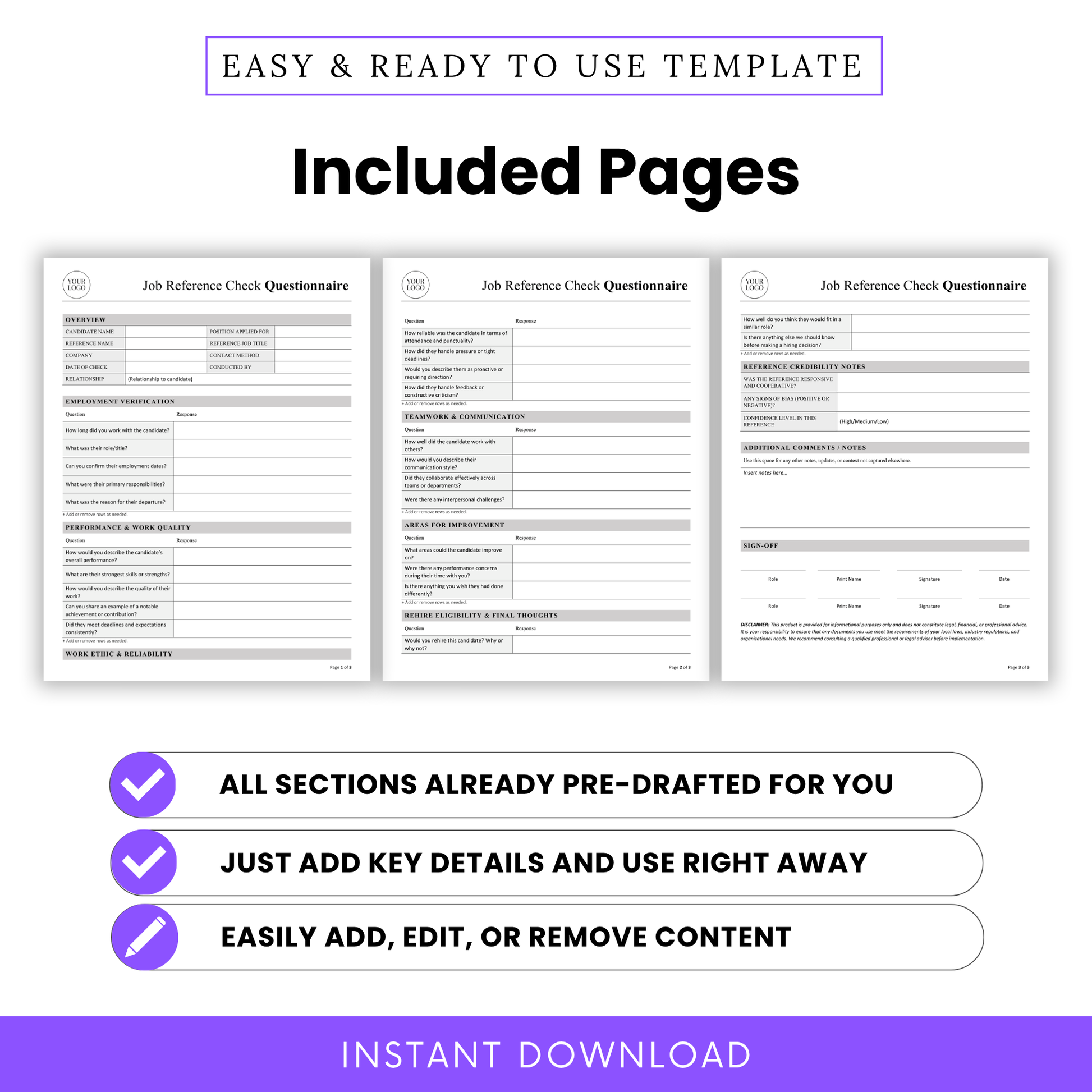 Editable Job Reference Check Questionnaire Template Word showing all included pages with clearly structured sections for reference checks. This printable Job Reference Check Template helps HR teams streamline hiring with a professional, easy-to-use document format.