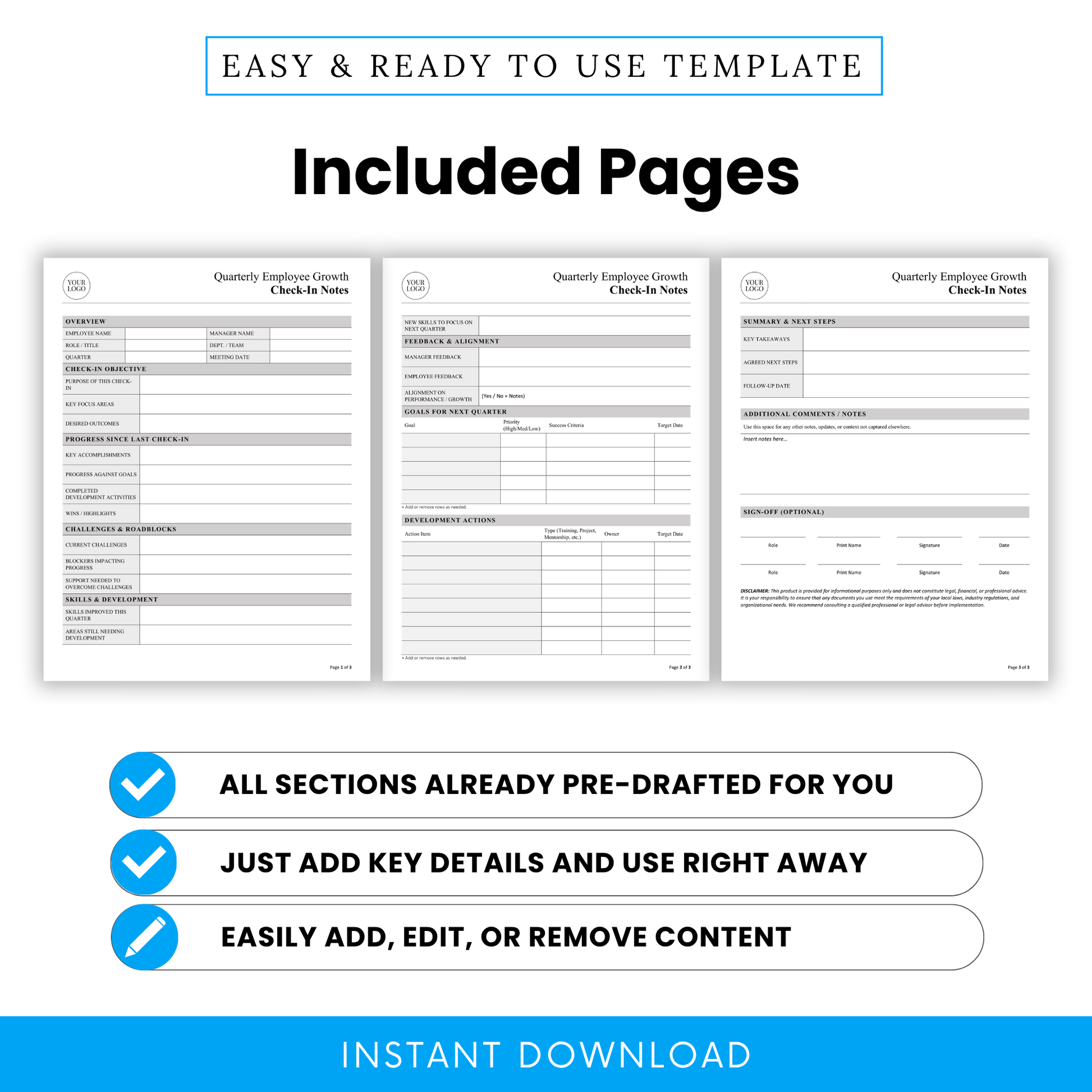 Three-page quarterly employee check-in template preview displaying a structured HR document with sections for performance tracking, goal setting, feedback, and employee development planning.