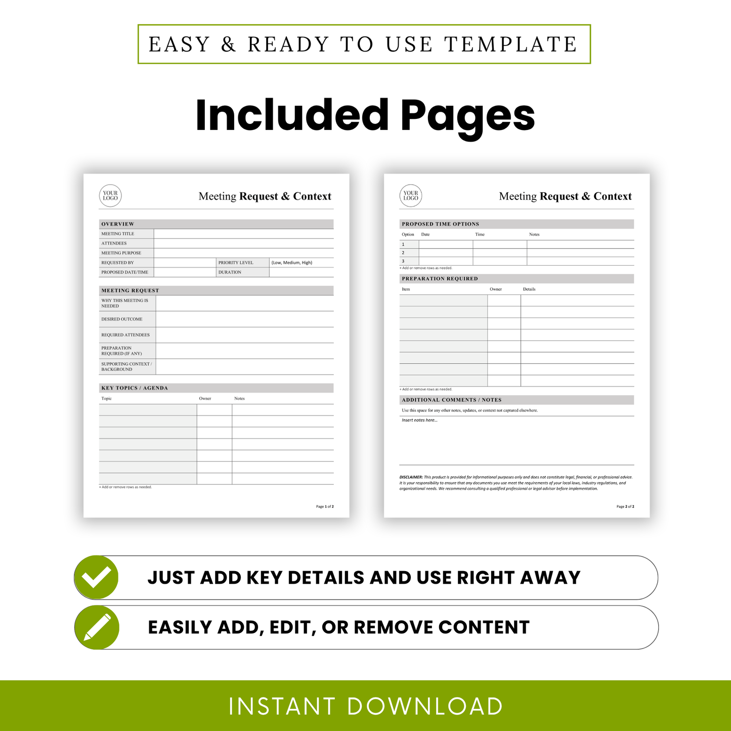 Meeting request template pages preview showing overview section, meeting request form, agenda table, preparation tracker, and notes page for professional meeting organization