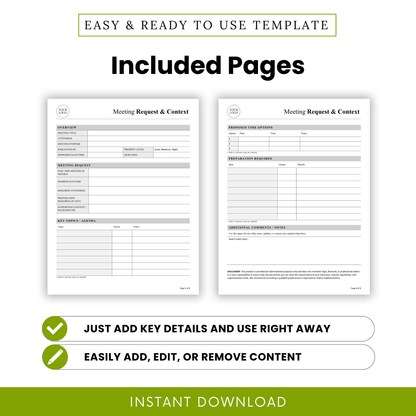 Meeting request template pages preview showing overview section, meeting request form, agenda table, preparation tracker, and notes page for professional meeting organization