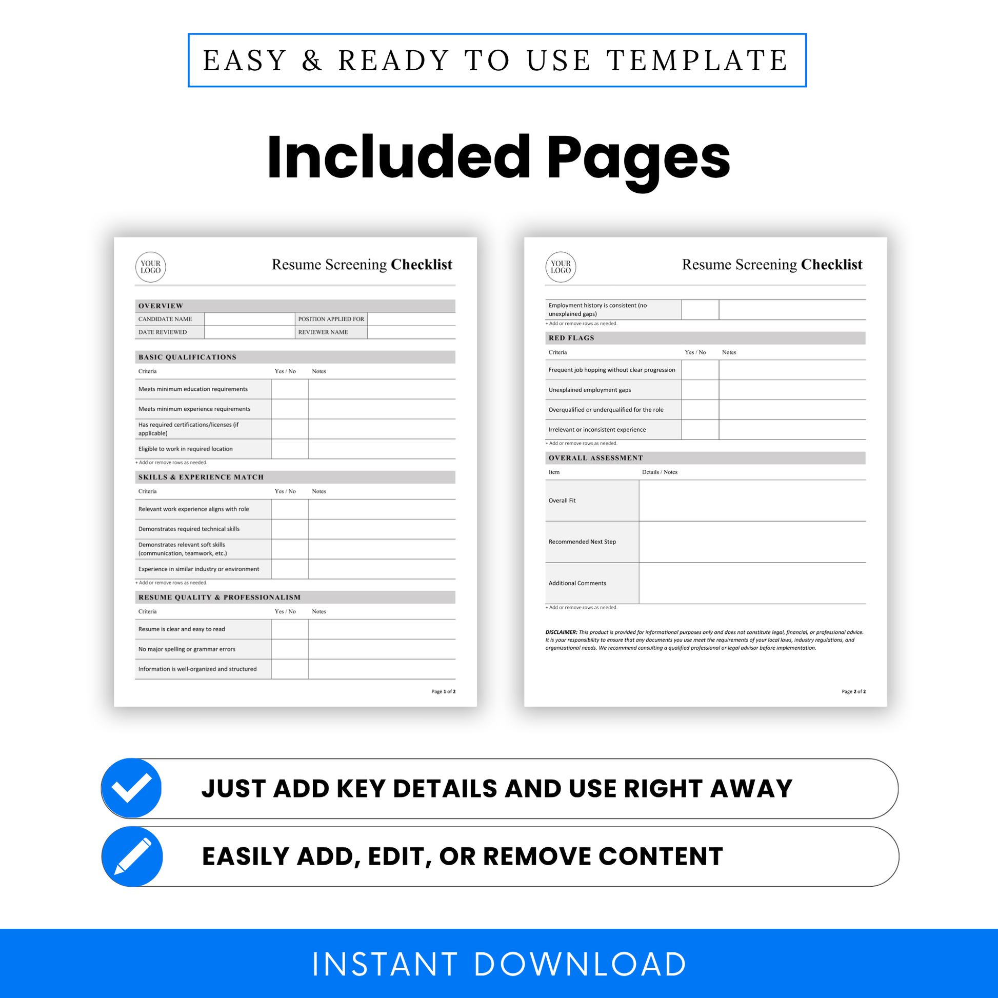 Resume screening checklist template pages preview including overview, qualifications checklist, skills match and overall assessment sections for hiring