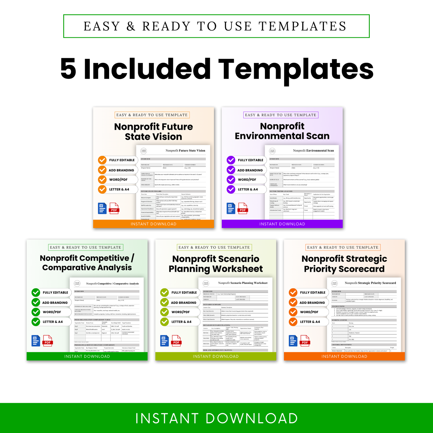 A detailed preview of the nonprofit planning bundle showcasing five professionally designed templates, including future state vision, environmental scan, comparative analysis, scenario planning worksheet, and strategic scorecard.