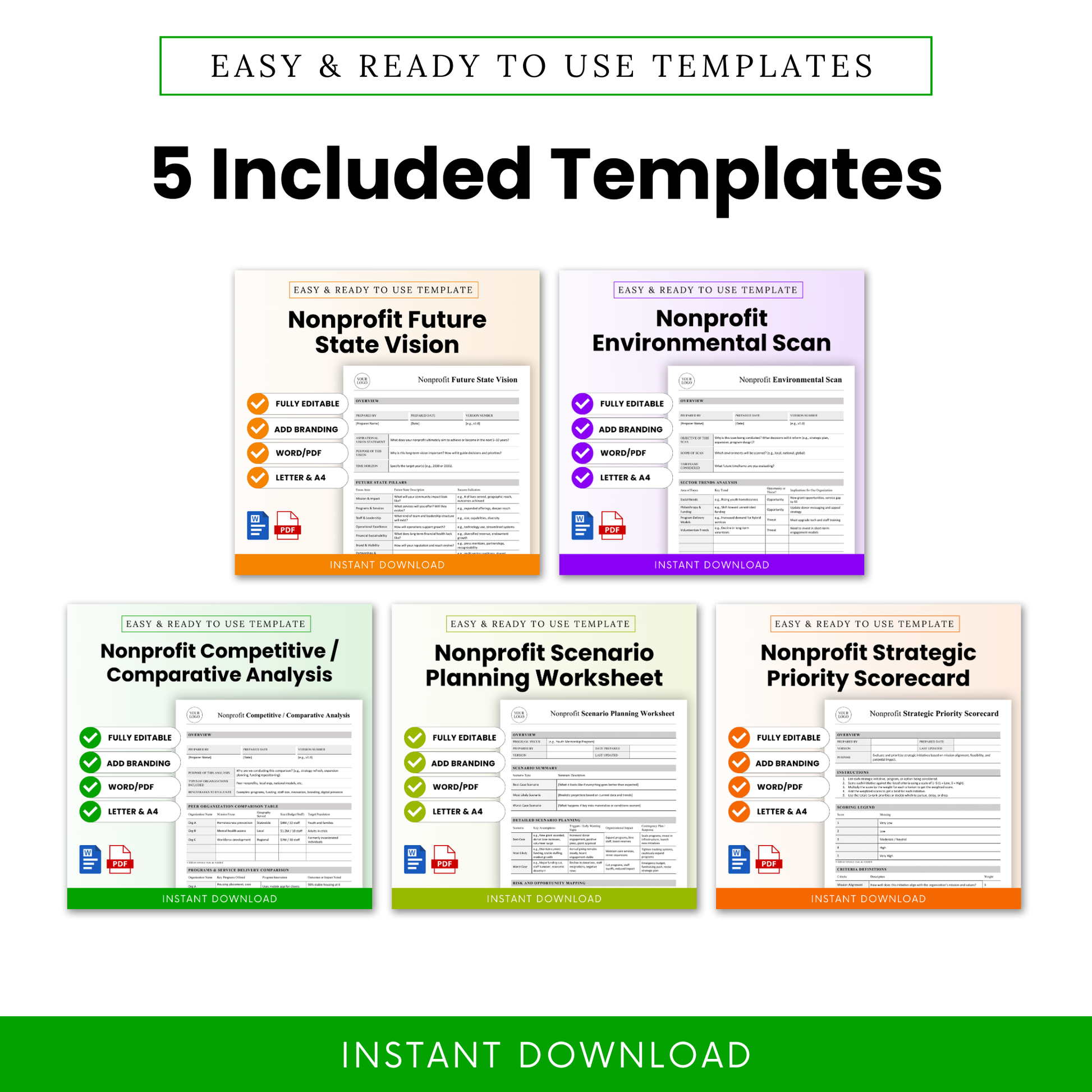 A detailed preview of the nonprofit planning bundle showcasing five professionally designed templates, including future state vision, environmental scan, comparative analysis, scenario planning worksheet, and strategic scorecard.