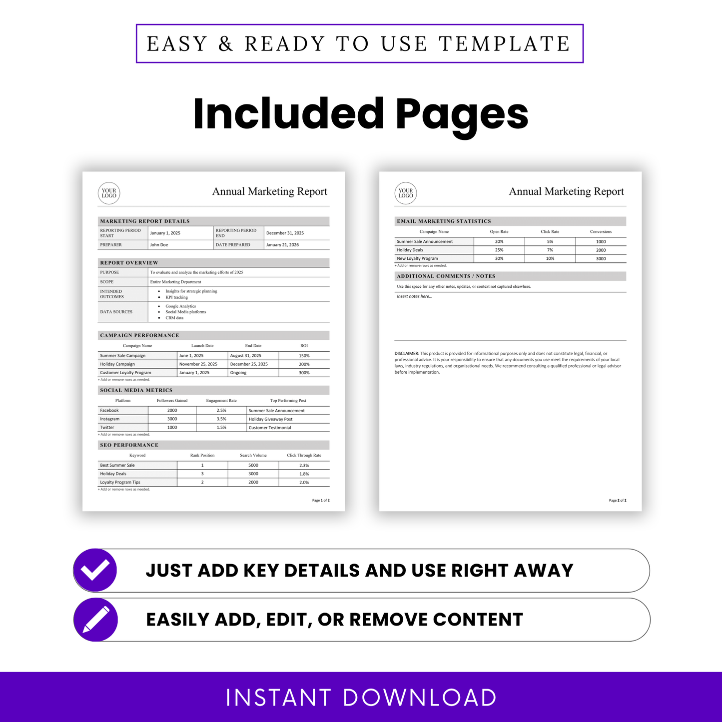 Annual Marketing Report Template Word showing included pages with detailed sections for campaign performance, SEO metrics, and social media tracking. This printable marketing report template is designed for businesses to efficiently document and analyze yearly marketing efforts.