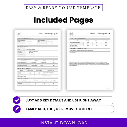Annual Marketing Report Template Word showing included pages with detailed sections for campaign performance, SEO metrics, and social media tracking. This printable marketing report template is designed for businesses to efficiently document and analyze yearly marketing efforts.
