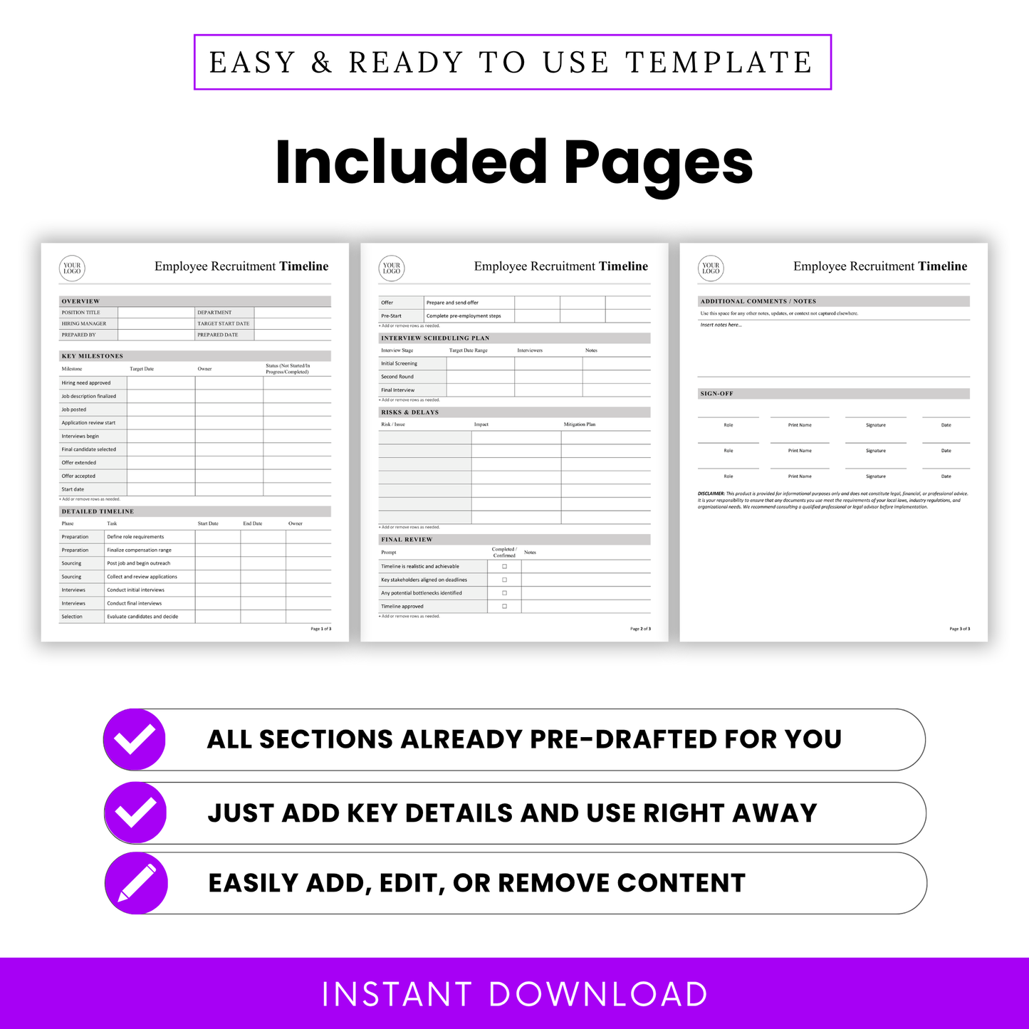 Employee recruitment template pages preview showing overview section, milestones tracker, detailed timeline, interview schedule, risks tracker, and final review checklist