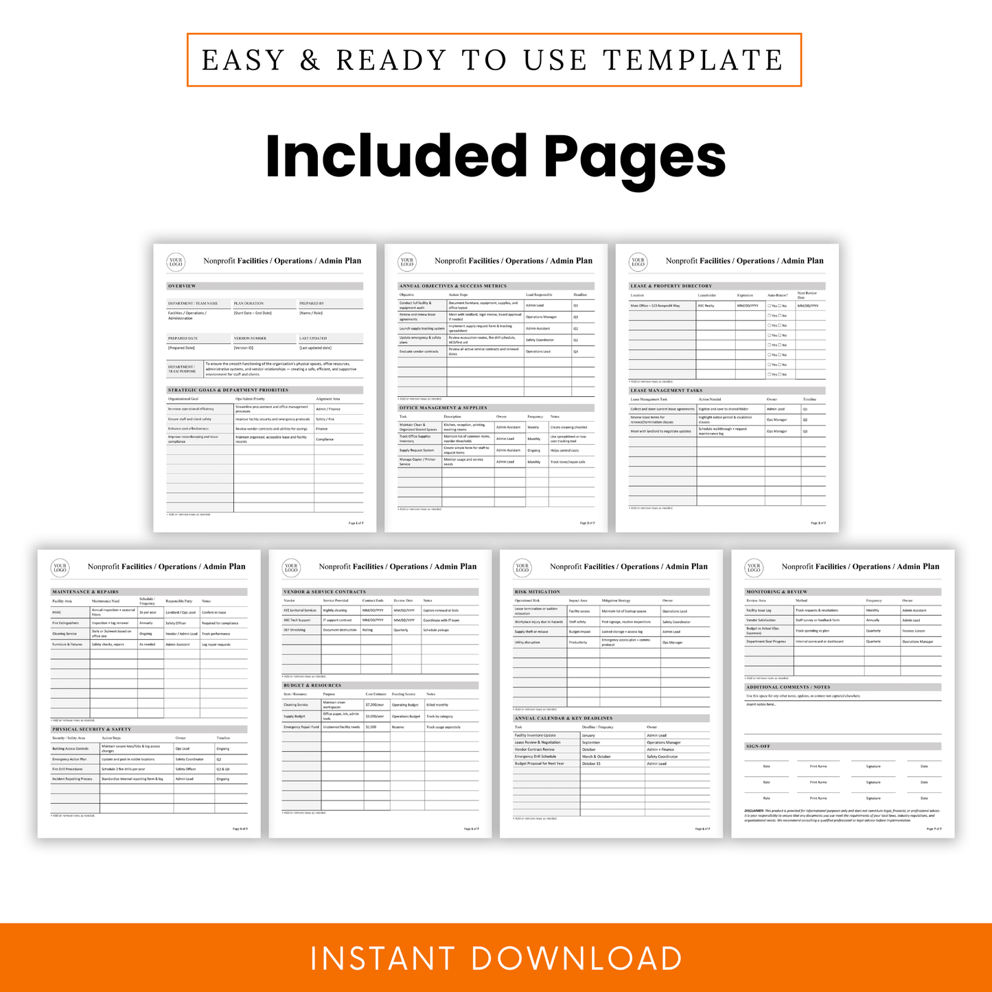 Nonprofit admin plan template pages preview including overview, objectives, lease tracking, maintenance logs, vendor contracts, and risk management sections