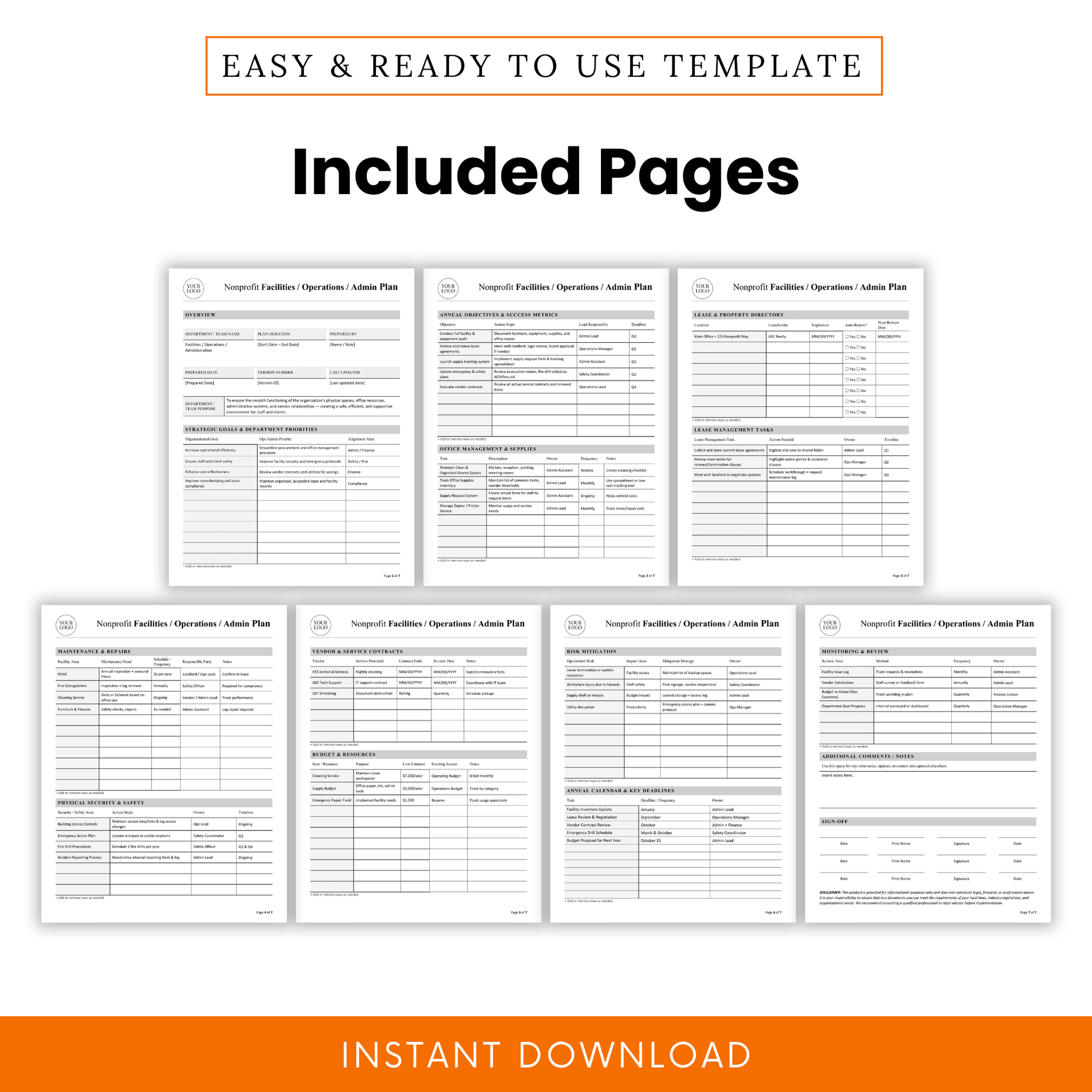 Nonprofit admin plan template pages preview including overview, objectives, lease tracking, maintenance logs, vendor contracts, and risk management sections