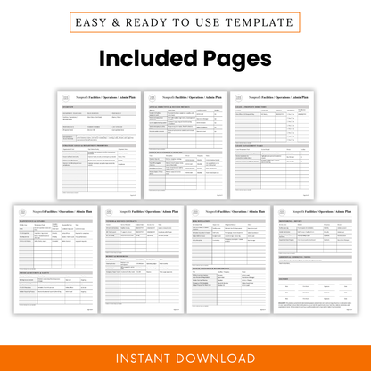 Nonprofit admin plan template pages preview including overview, objectives, lease tracking, maintenance logs, vendor contracts, and risk management sections