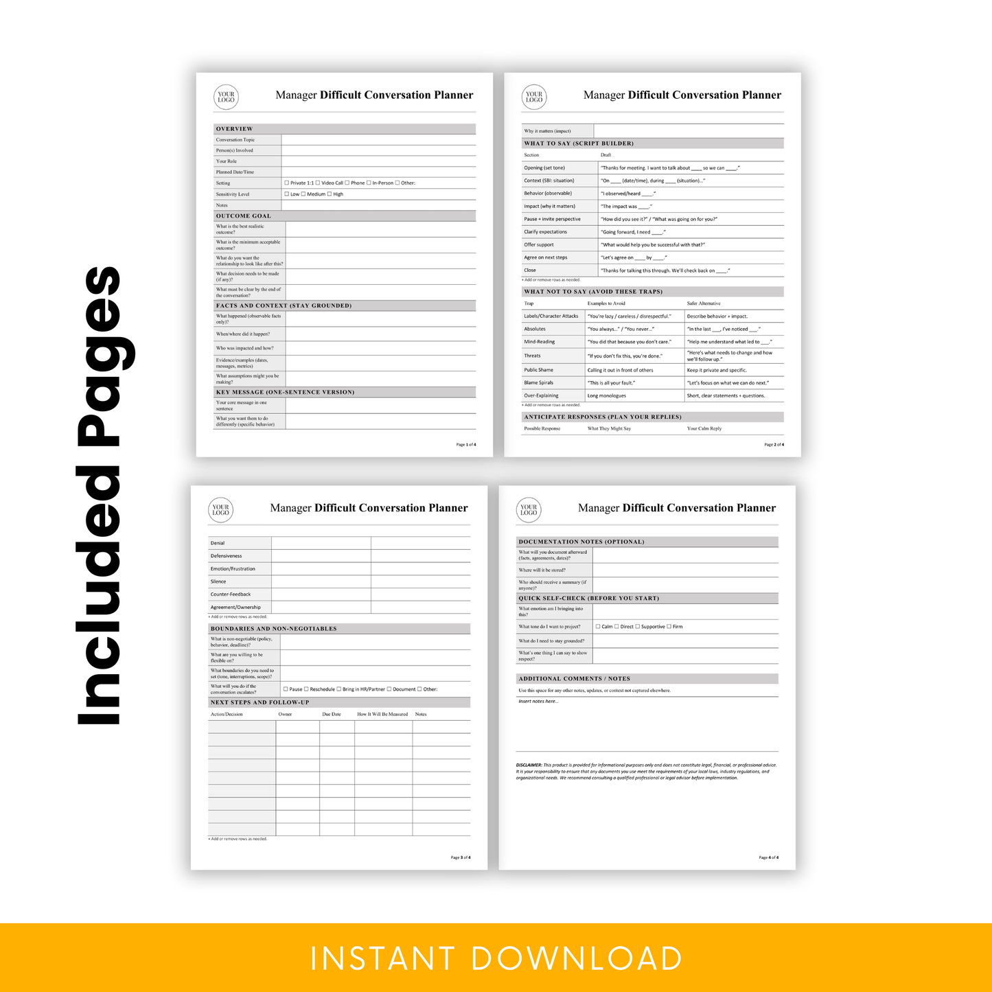 Manager difficult conversation planner printable pages preview showing overview, script builder, response planning, boundaries, follow-up tracker, and documentation notes sections
