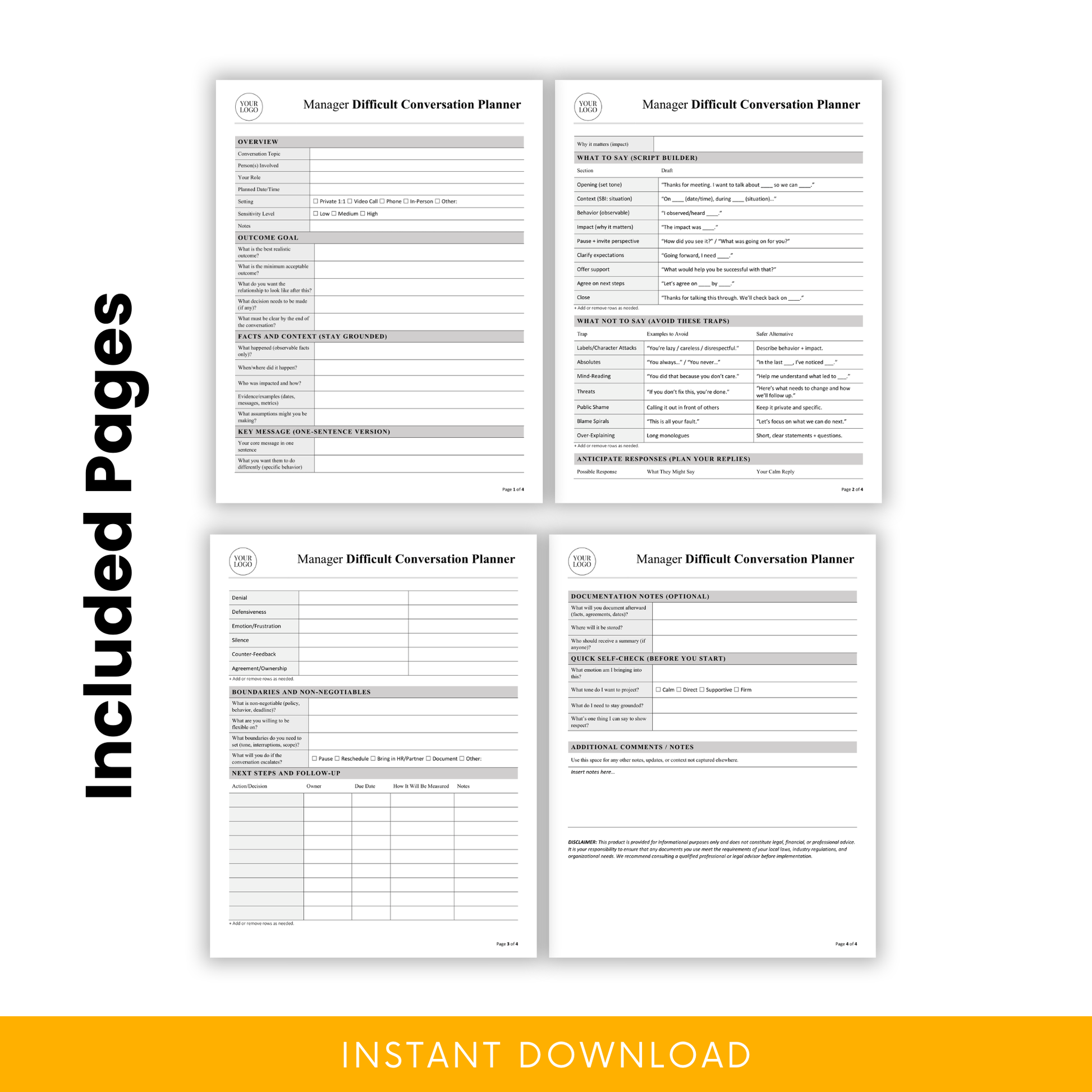 Manager difficult conversation planner printable pages preview showing overview, script builder, response planning, boundaries, follow-up tracker, and documentation notes sections