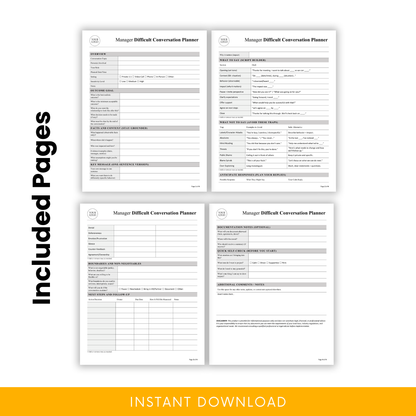 Manager difficult conversation planner printable pages preview showing overview, script builder, response planning, boundaries, follow-up tracker, and documentation notes sections