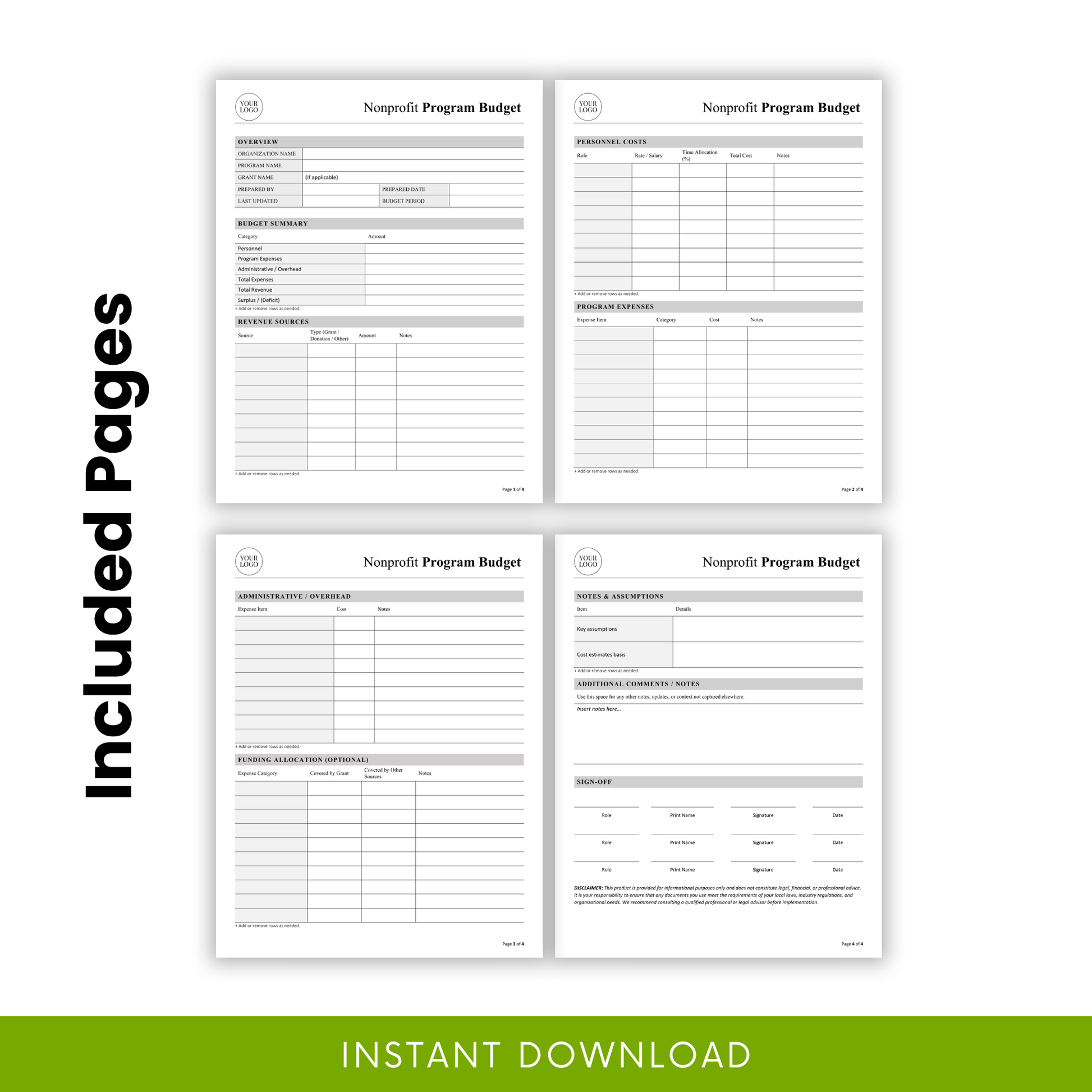 Nonprofit Program Budget Template PDF preview showing all included pages such as budget summary, personnel costs, program expenses, and funding allocation. This printable and editable nonprofit budget template is perfect for organizations needing a structured financial tracking document.