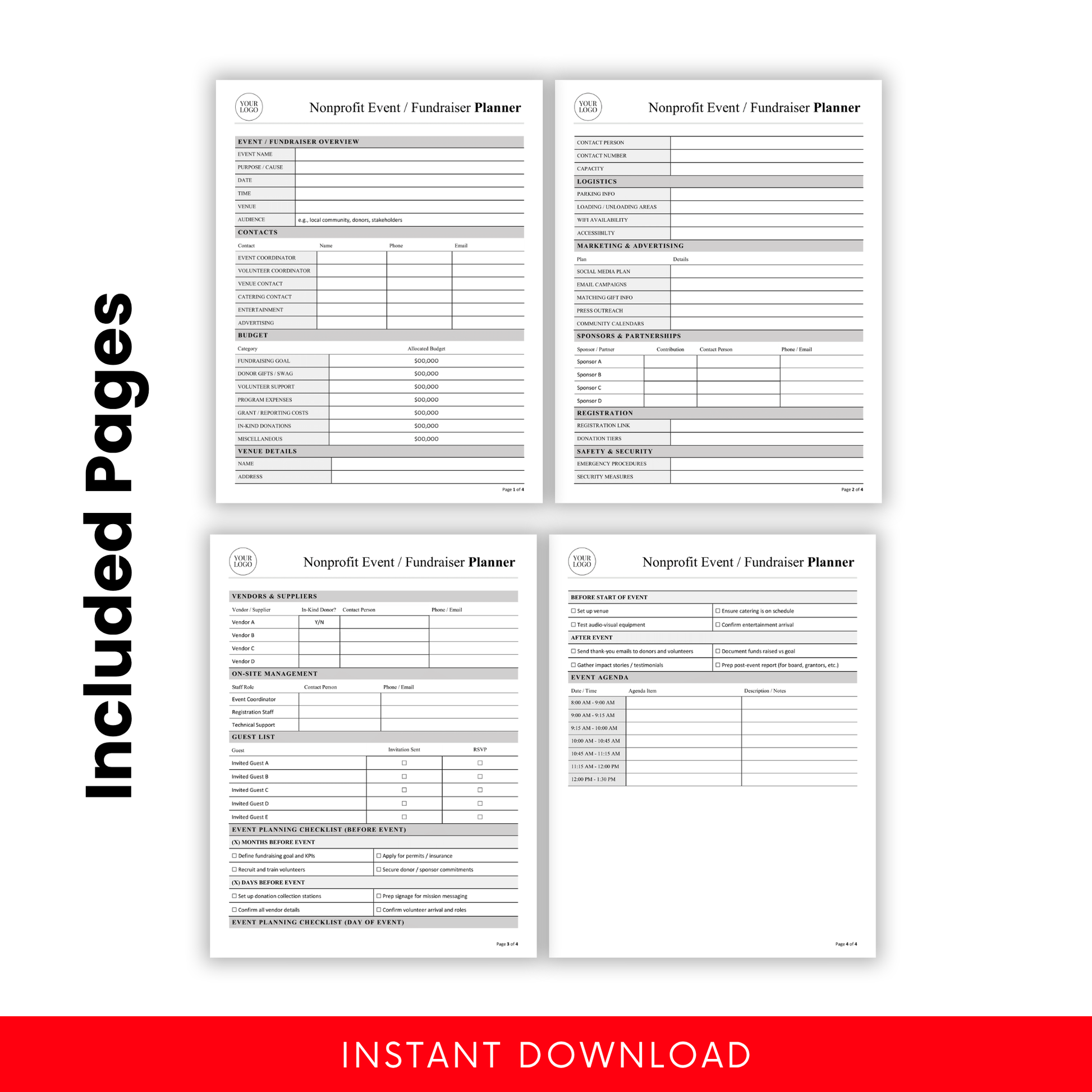 Nonprofit Fundraiser Planner Template PDF preview showing multiple pages including budget tracking, contacts, logistics, and event agenda. This printable and editable business template is ideal for nonprofits managing detailed event planning and coordination.
