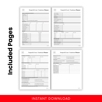 Nonprofit Fundraiser Planner Template PDF preview showing multiple pages including budget tracking, contacts, logistics, and event agenda. This printable and editable business template is ideal for nonprofits managing detailed event planning and coordination.